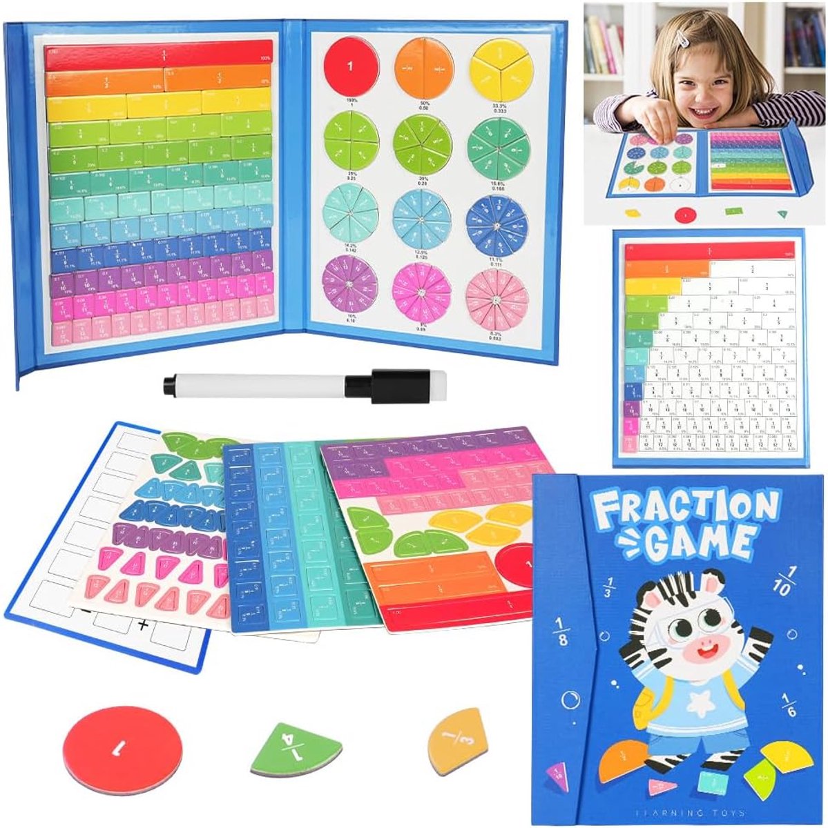 Montessori-wiskundig Educatief Speelgoed, Magnetische Breuktegels, Magneet-Fractiespel En Cirkels, Wiskundige Manipulatoren (Zebra)