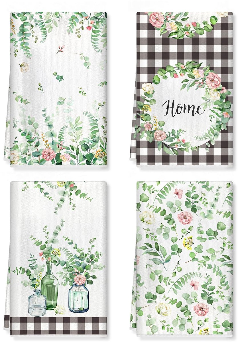 Omgoods - Set van 4 Eucalyptus Bladeren Keukenhanddoeken 42x70 cm