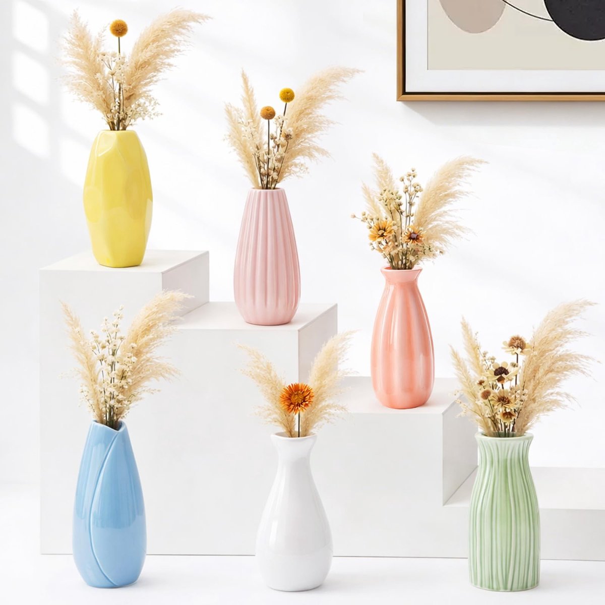 Omgoods - Set van 6 Kleine Keramische Vazen - Moderne Decoratie voor Tafel en Bloemen