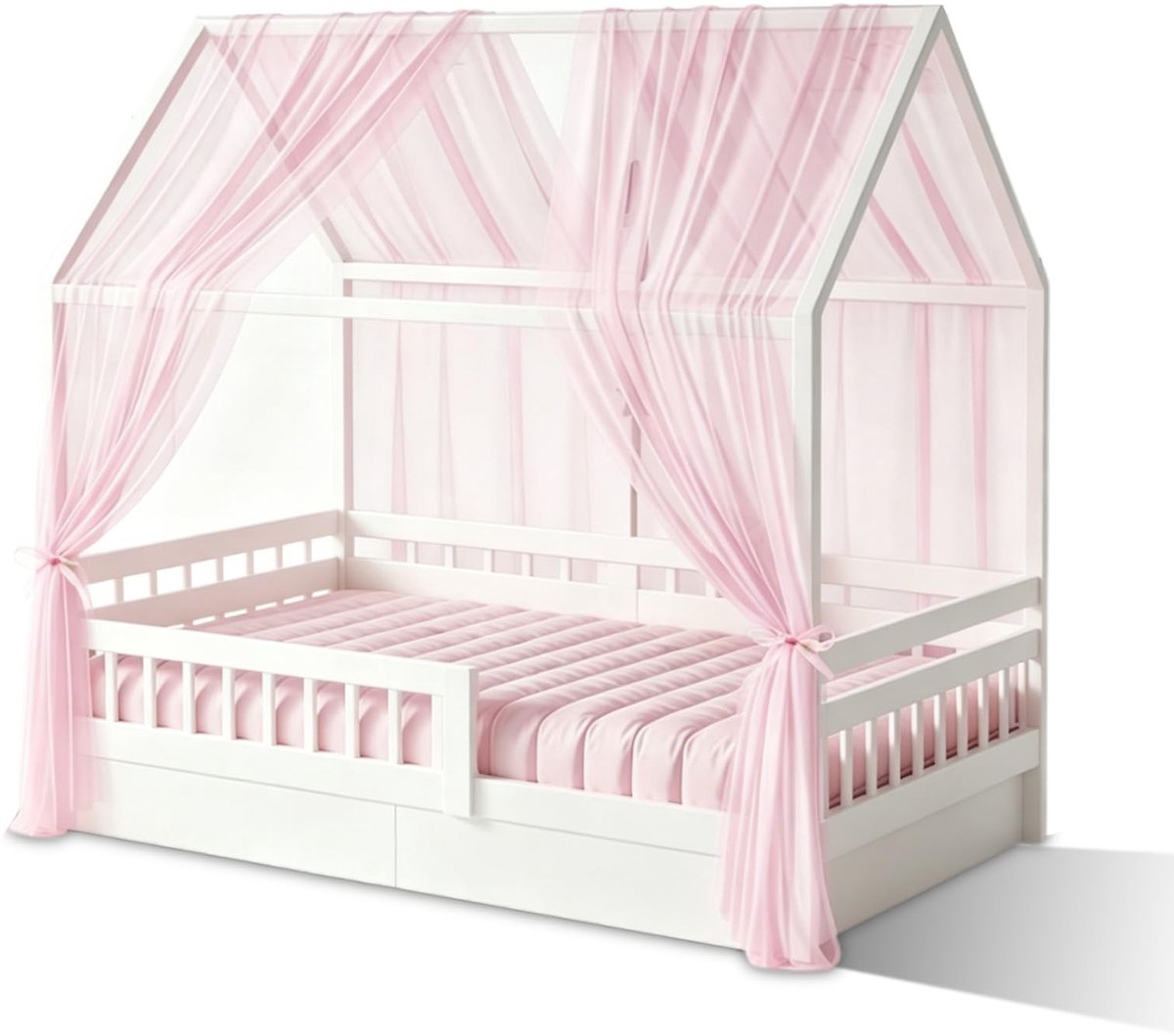 Omgoods - 2 Stuks Huis Bed Hemel met Gordijn voor Kinderkamer - Roze 350 x 150 cm
