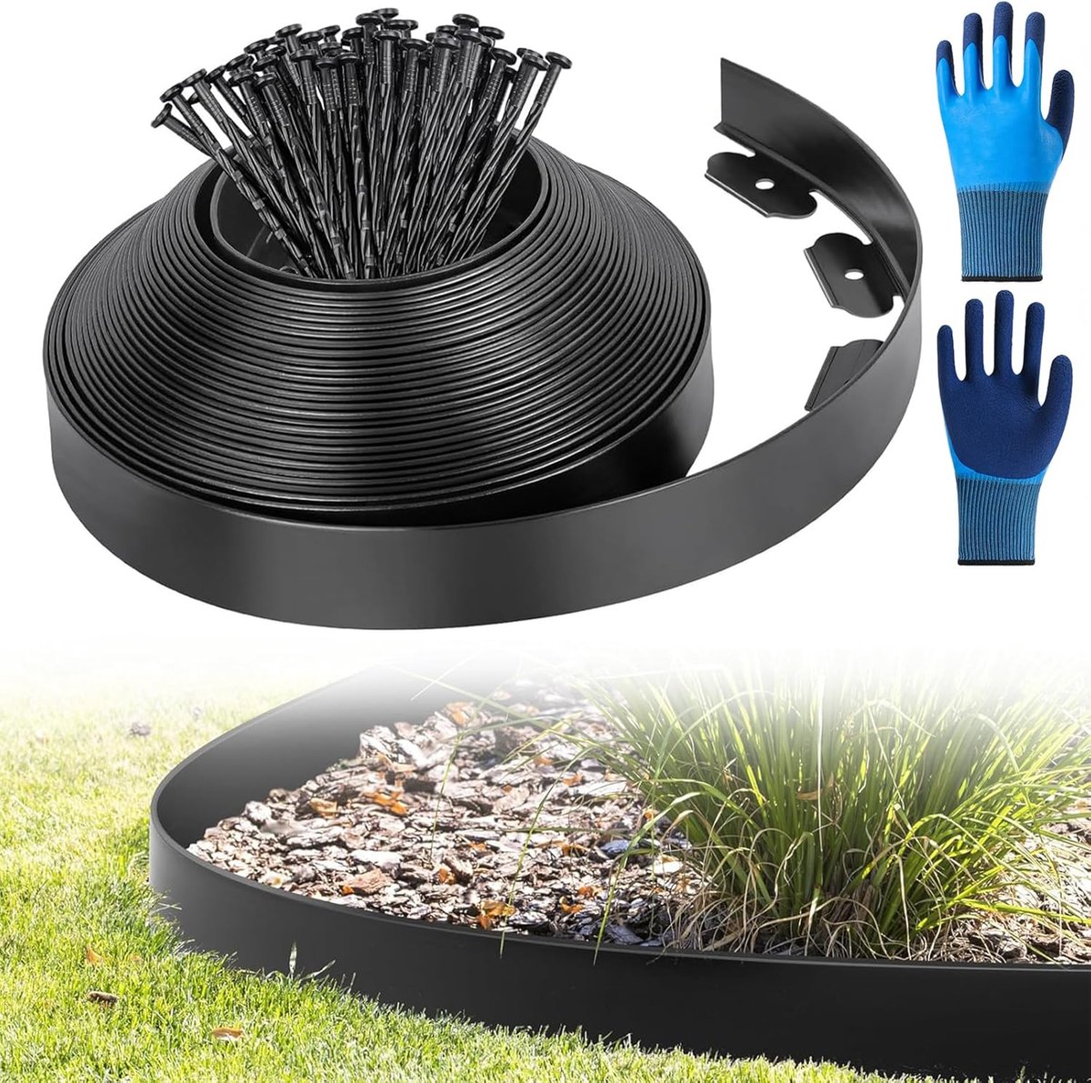 grasrand kunststof, met 50 grondankers, tuinrand kunststof, lengte 10 m hoogte 5 cm (10M*5CM, Zwart)