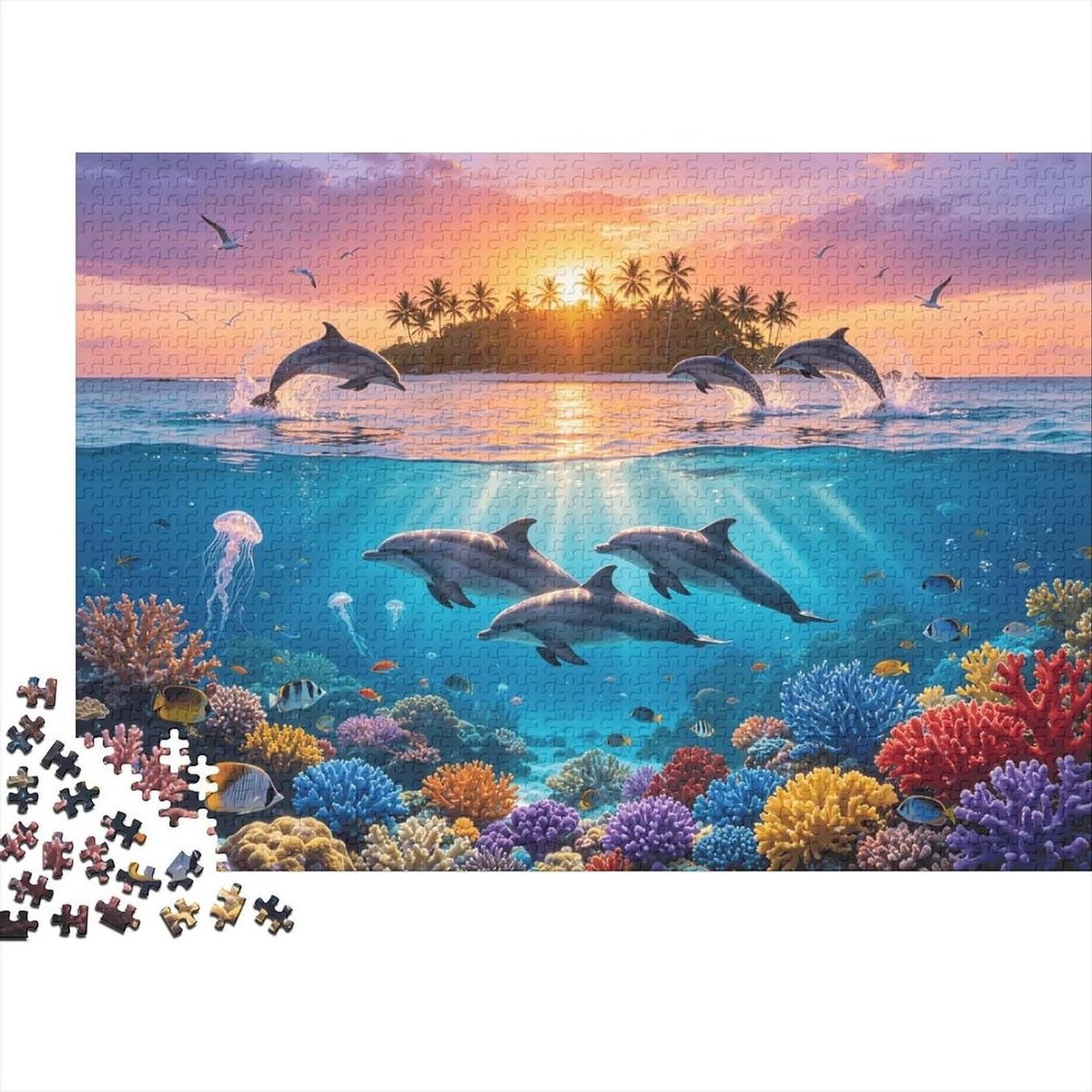 Legpuzzel Dolfijnen - Puzzel Volwassenen - Ontspanning en Uitdaging - Recyclebaar Materiaal - 70 x 50 cm - Koraal