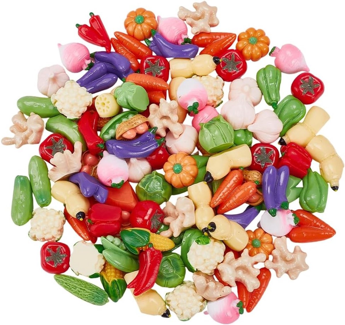 Set van 100 Miniatuur Kunststof Groenten Figuren - Tomaten, Wortelen, Uien, Champignons, Aardappelen en Aubergines voor Decoratie en Creatieve Projecten