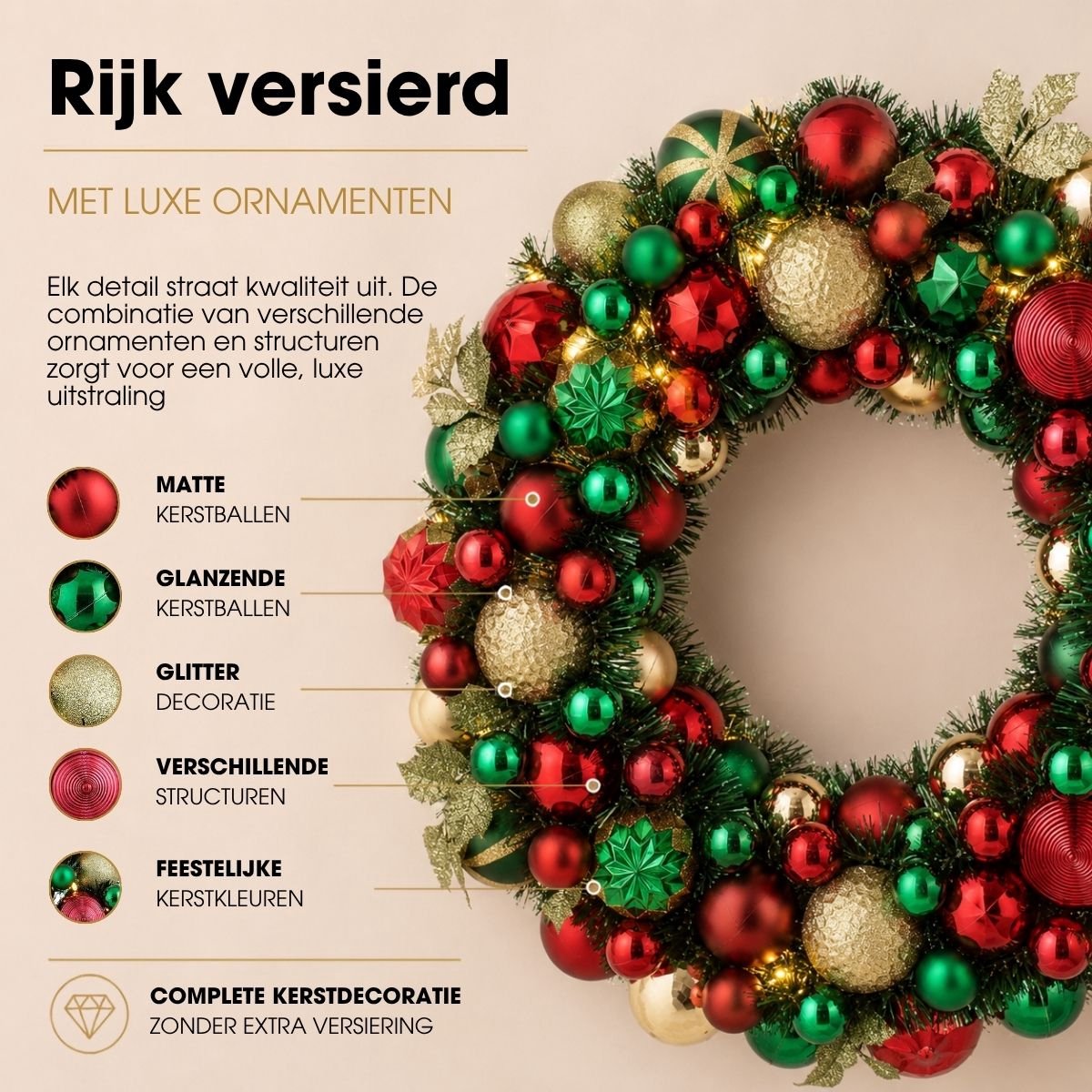 Mica Decorations Kerstkrans met Verlichting - Deurkrans H8,5 x Ø47 cm - Kerst Krans met Timer en Kerstballen - Multifunctionele Kerstversiering - Goud, Groen en Rood – foto 5