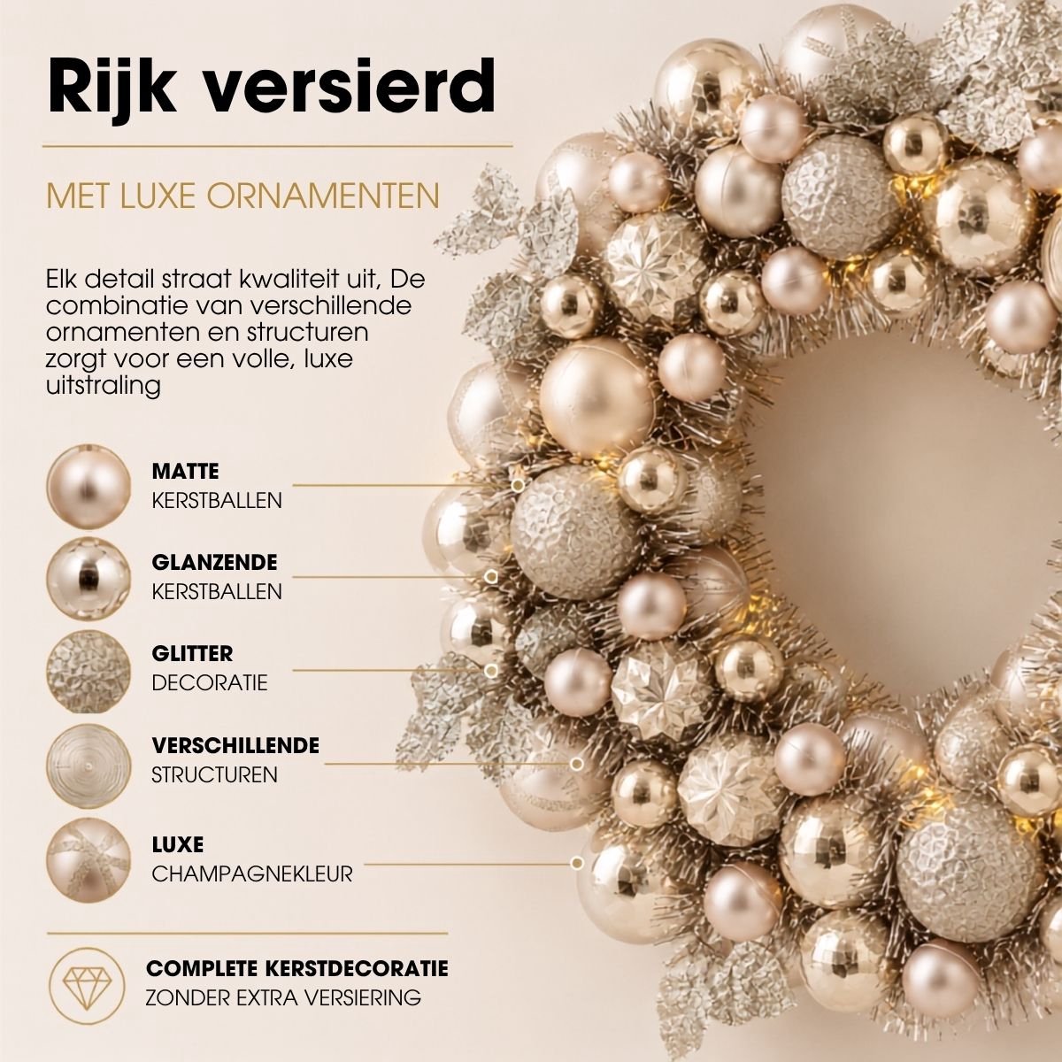 Mica Decorations Kerstkrans met Verlichting - Deurkrans H8,5 x Ø47 cm - Kerst Krans met Timer en Kerstballen - Multifunctionele Kerstversiering - Champagne – foto 6