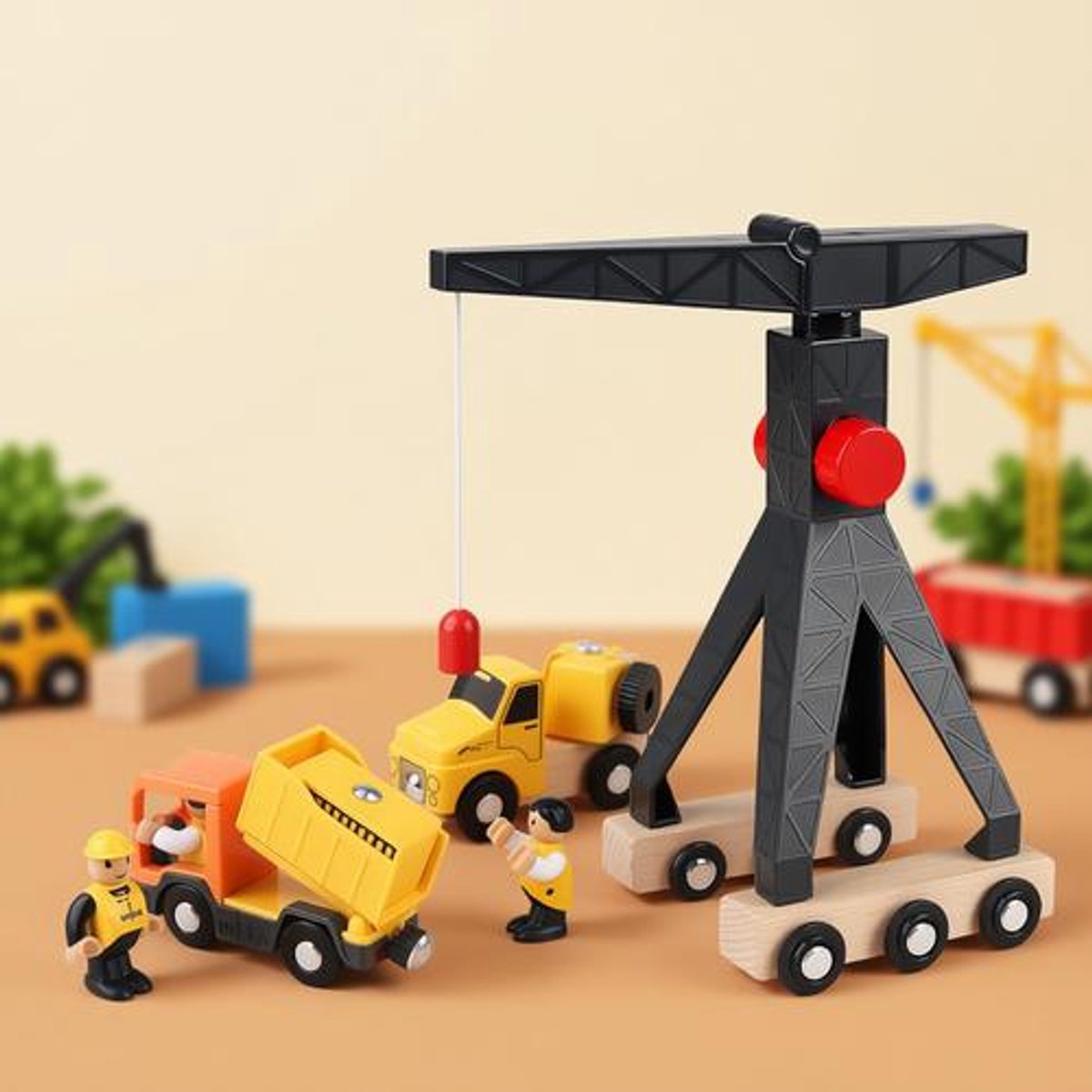Houten Bouwplaats Speelgoedset - Torenkraan met 4 Magneetvoertuigen en Minifiguren, voor Kinderen vanaf 3 Jaar