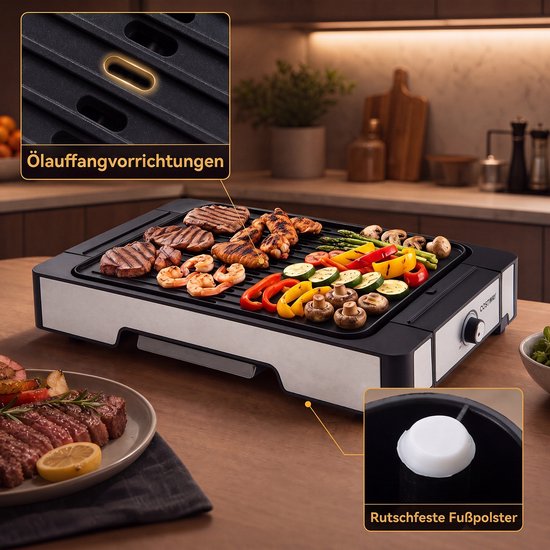 COSTWAY Elektrische Grill, 2300W Tafelgrill met Antiaanbakgrillplaat - BBQ Grill met 2 Verhittingszones & Vetopvangschaal, Elektrische Balkongrill incl. Grilltang, voor Kamperen & Balkon, 53x31x8,5 cm — afbeelding 2
