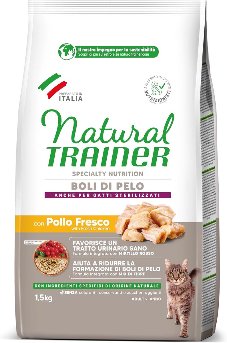 SnelShoppen - Natural Trainer Kattenvoeding voor Volwassen Katten met Vers Kip, 1.5 kg - Haarbalvermindering, Gezonde Urinewegen, Natuurlijke Ingredië