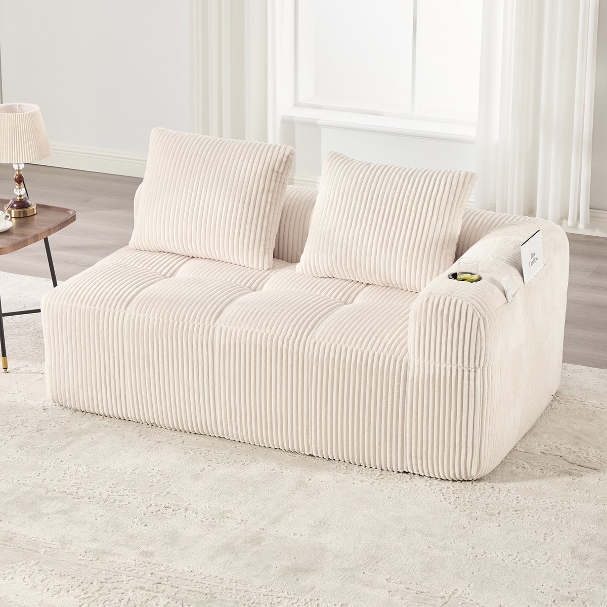2-Zitsbank Corduroy - Lounge Bank Met Bekerhouder En Zijvak - Beige