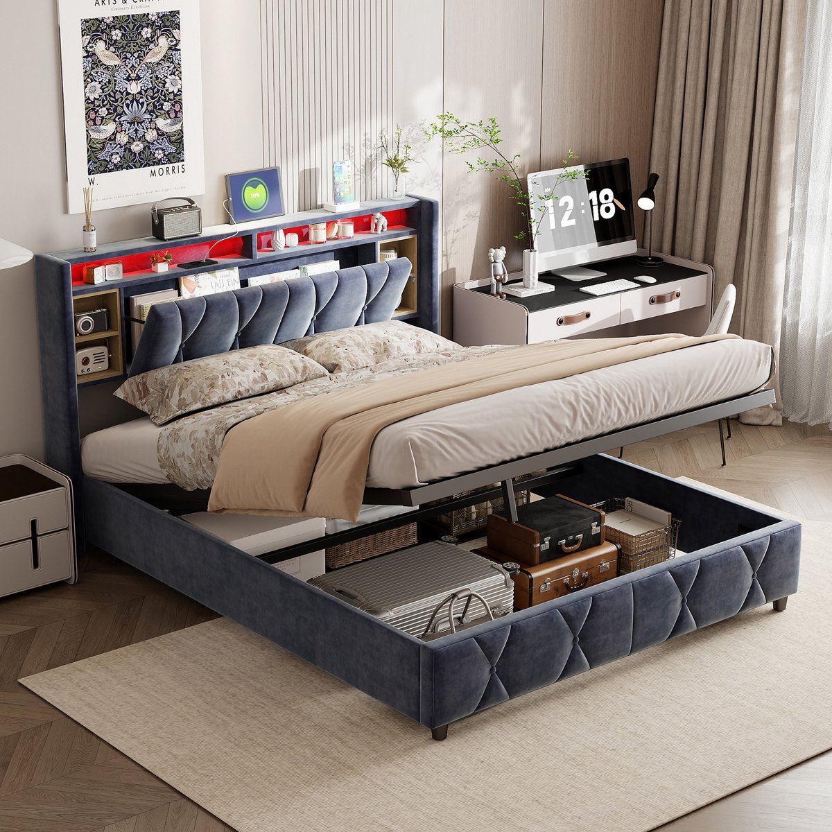 Volwassen bed 140x200 cm, opbergbed met gasveer en rgb led hoofdbord, fluwelen bed met usb type-c aansluiting en stopcontacten, grijs, zonder matras