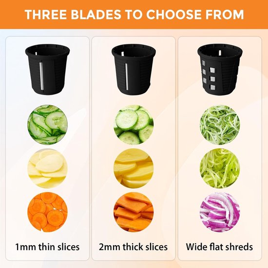 Automatische Kaasrasp en Groentensnijder met 3 Verwisselbare Messen, Ideaal voor Fruit, Groenten en Salades, RVS Ontwerp voor Eenvoudig Gebruik en Snel Snijden — afbeelding 5