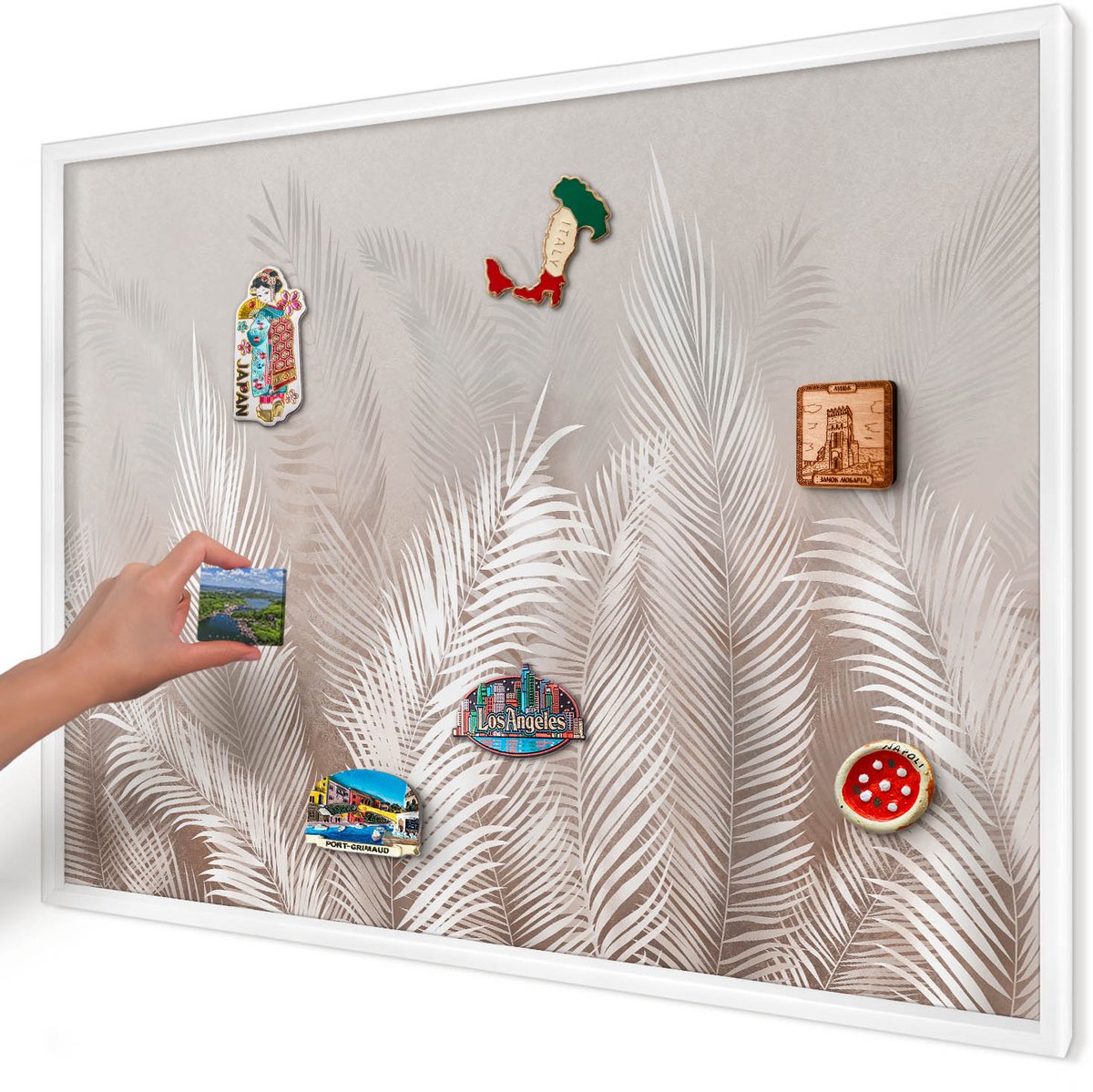 Artprintcave Beige Magneetbord mit Witte Lijst - 100x70 cm - Bladeren Van De Natuur Notitiebord - Minimalist Magneet Bord mit Frame - Bloemen En Planten