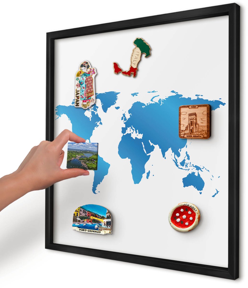 Artprintcave Blauw Magneetbord mit Zwart Frame - 50x50 cm - Wereldkaart Wandbord Magnetisch - Modern Memobord Keuken - Kaarten