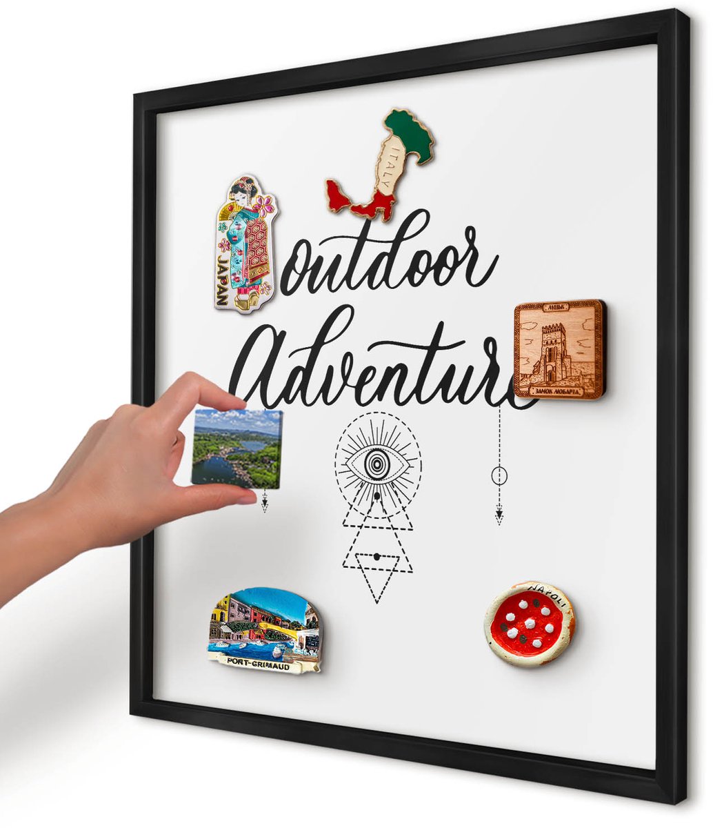 Artprintcave Wit Magneetbord mit Zwart Frame - 50x50 cm - Buitenavontuur Notitiebord - Typografisch Magneetbord Voor Keuken - Teksten