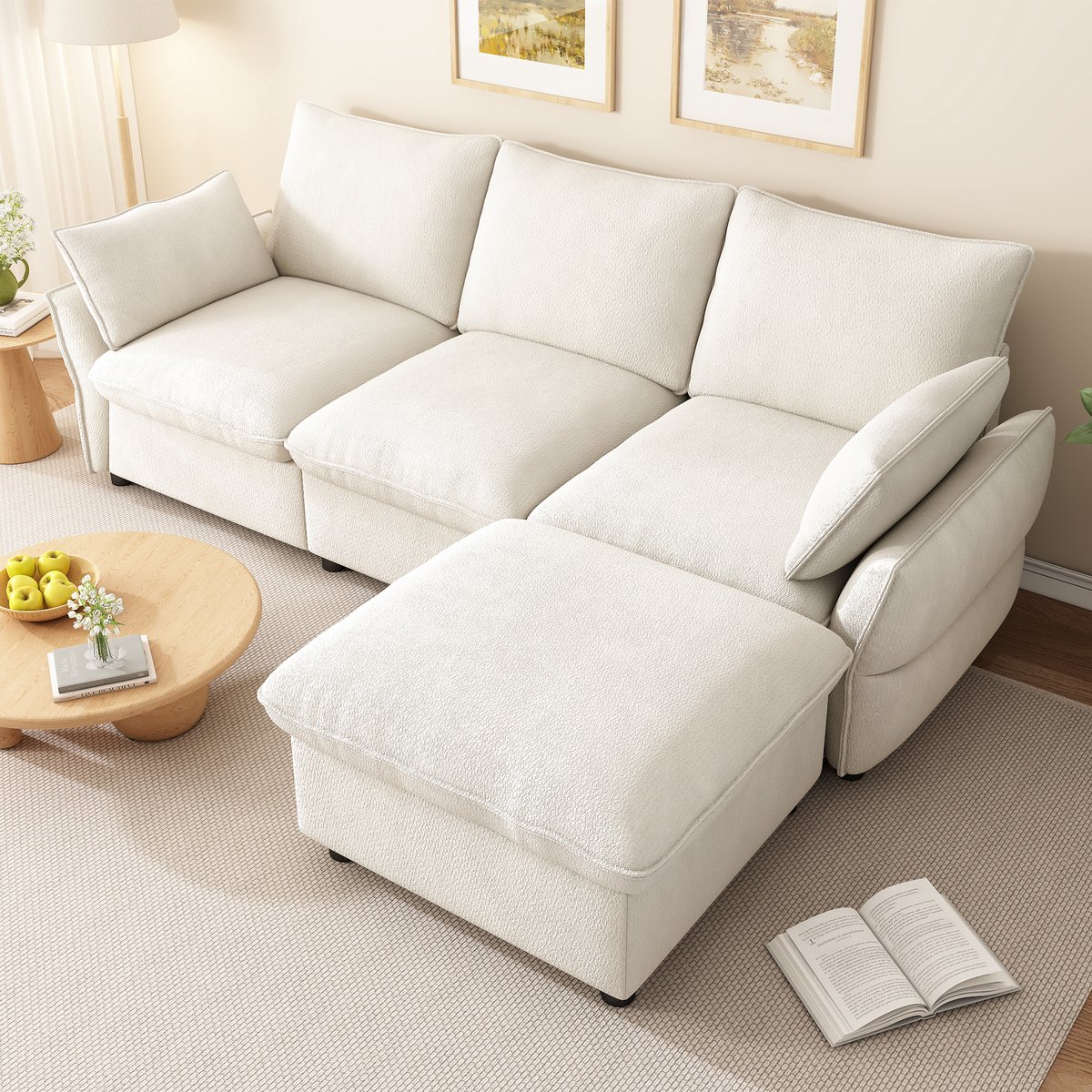 L-Bank, Moderne Hoekbank Met Hocker (Inclusief 1 Kruk), 3-Zits Bank Van Chenille, Geschikt Voor Woonkamer, Appartement En Eenpersoonshuishouden, Donkergroen, 222,5 X 154,5 X 76,5 cm-Beige