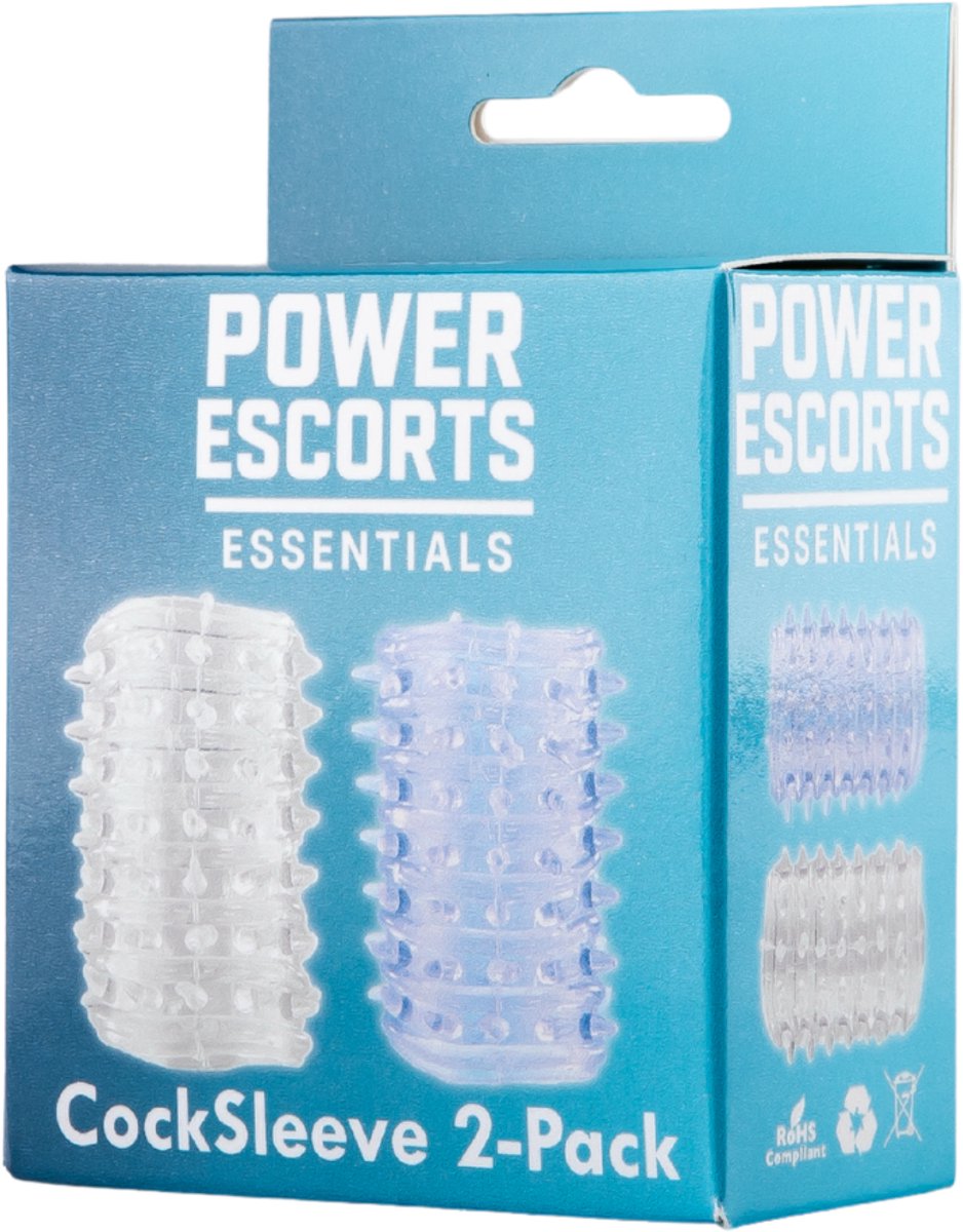 Power Escorts Textured Penis Sleeves – 2 Stuks – Geribbeld en Genopt – Transparant en Blauw