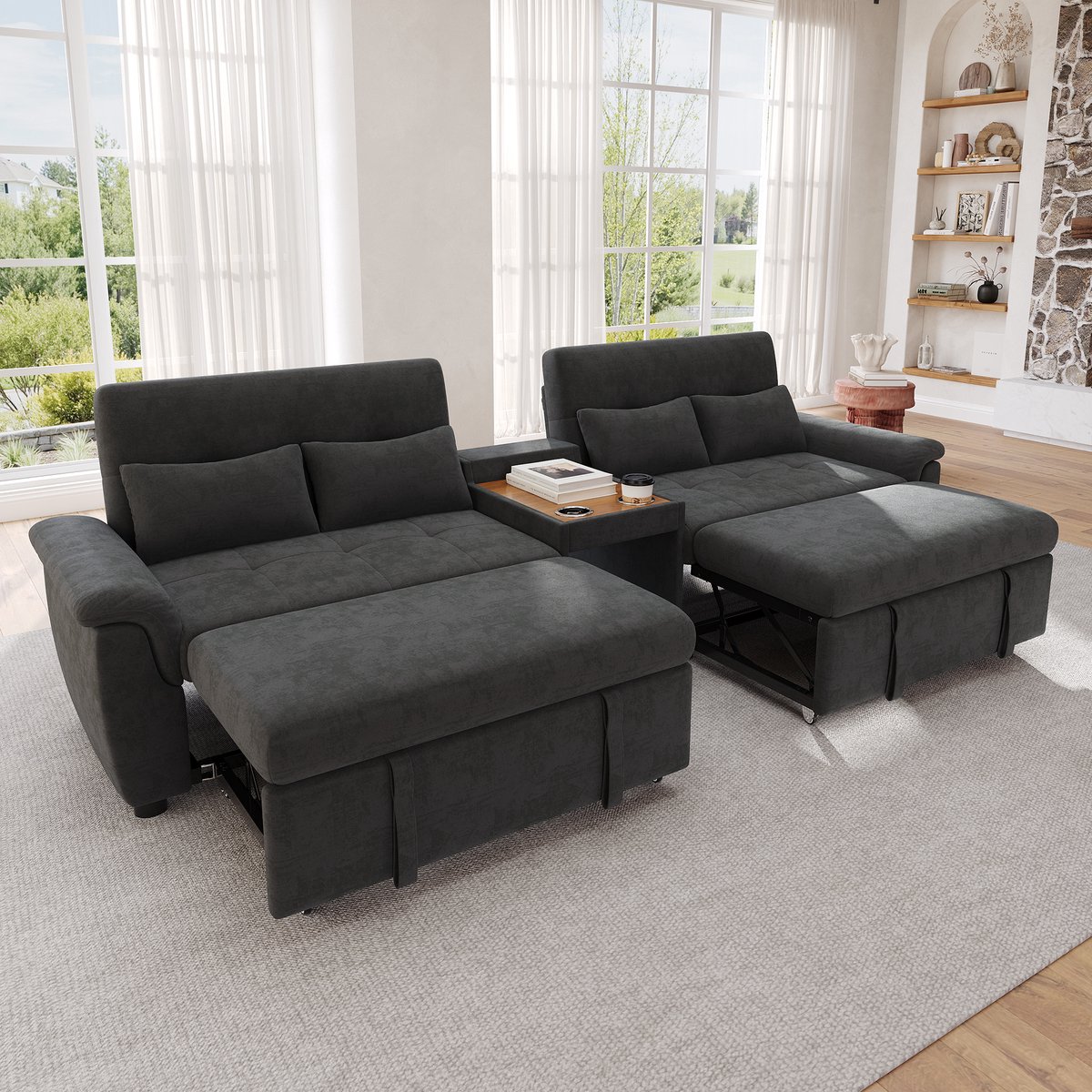 2-Zits bank, U-Vormige Slaapbank, Uitschuifbaar, Tweepersoons Slaapgedeelte, Verstelbare Rugleuning, Huisdiergedeelte, Salontafel Met 2 Bekerhouders, 4 Kussens, Chenille, Donkergrijs, 284×138×89 cm -Donkergrijs