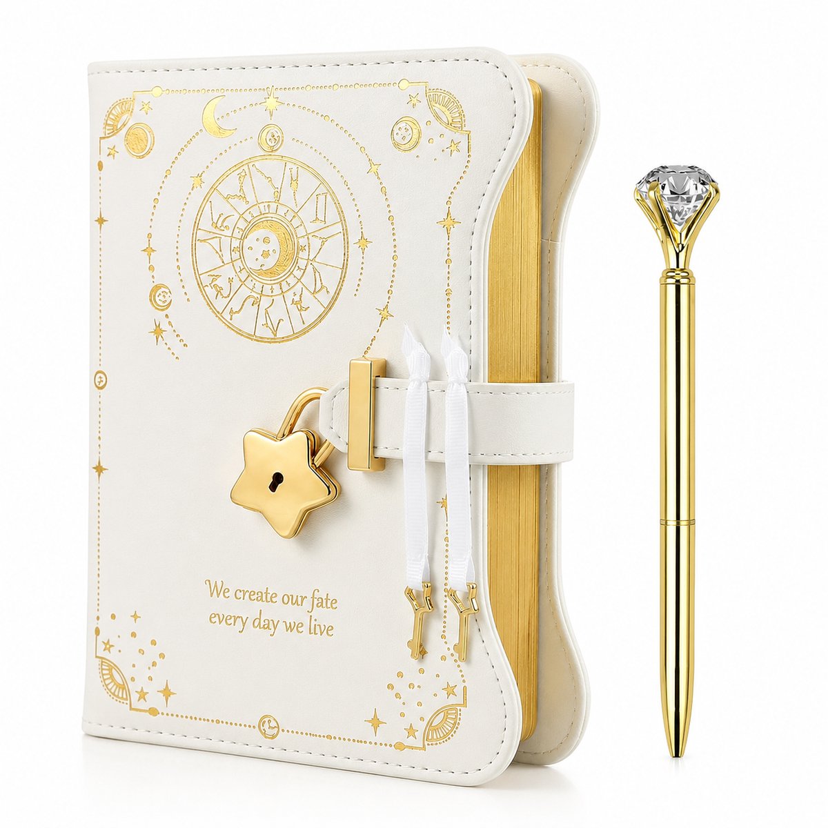 Bobypet - Geheim Dagboek met Slot en Sleutel voor Meisjes en Vrouwen - B6 PU Leer Notitieboek met 360 Pagina's - Sterrenhemel Design in Luxe Cadeauverpakking - Wit