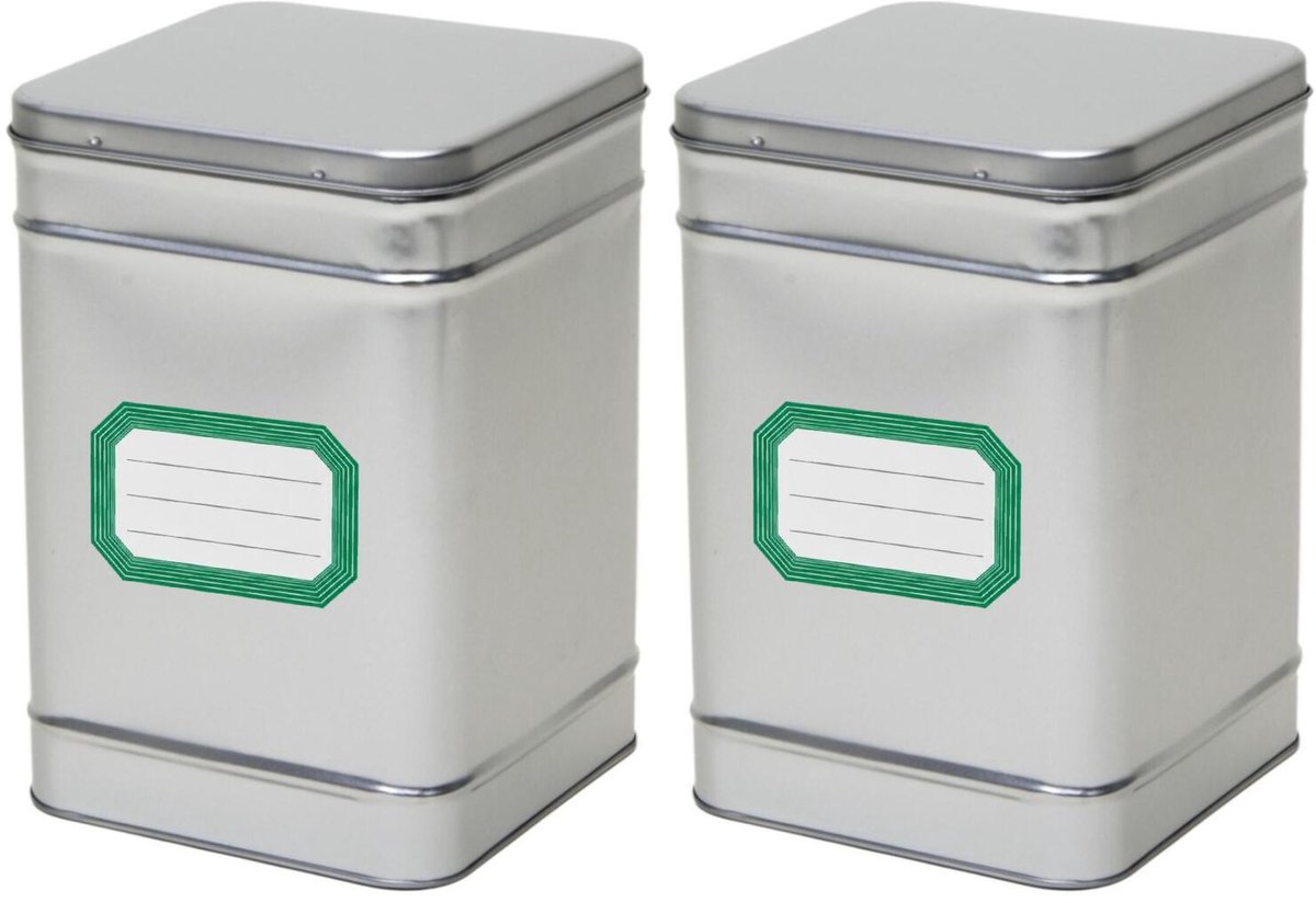 Bellatio Design 2x stuks opbergblikken van metaal - bewaarblik - zilver - 14 x 21 cm - met etiketten groen van 8.2 x 5.5 cm