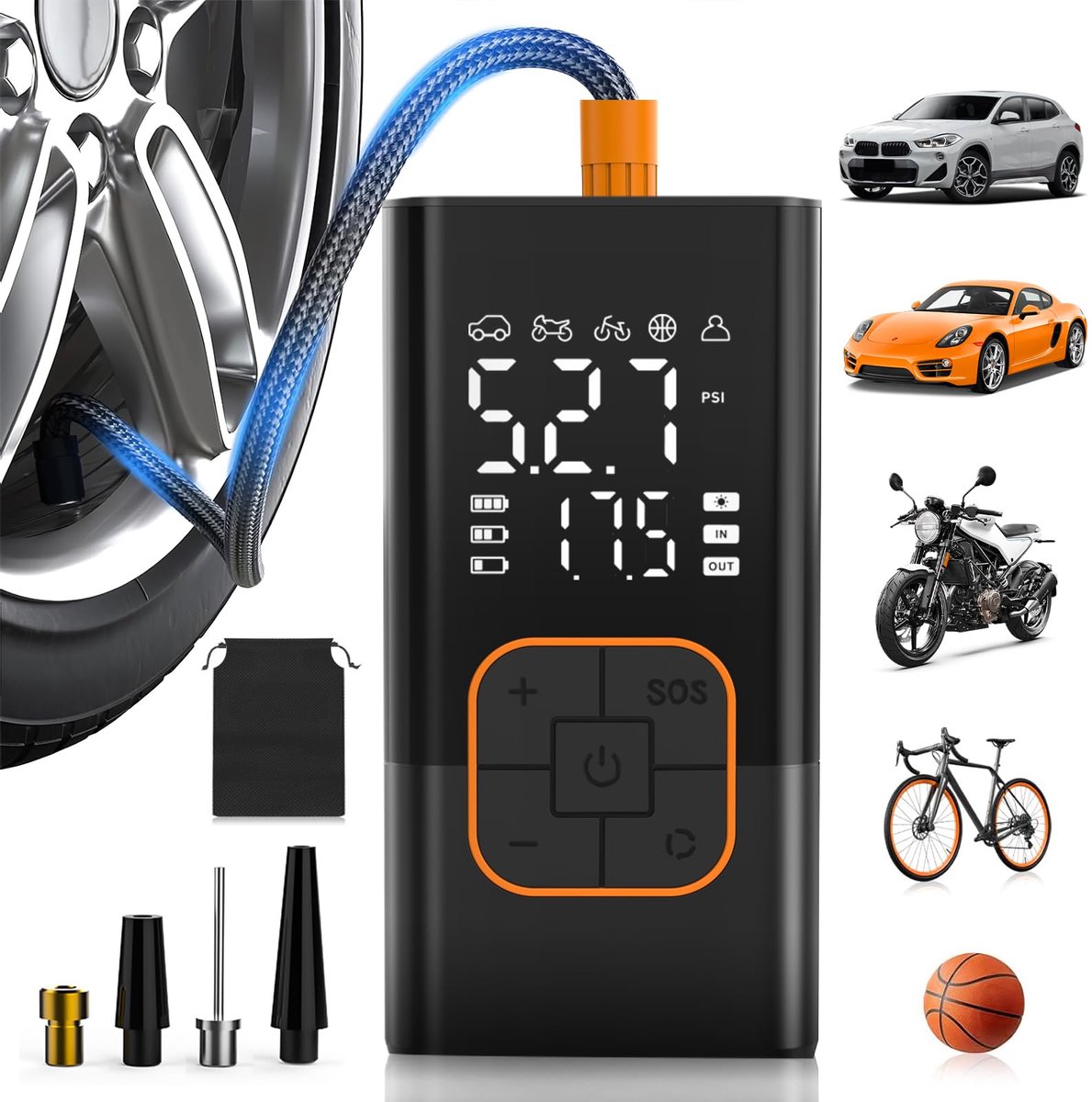 Draadloze Luchtcompressor - Elektrische Mini Bandenpomp 150 PSI - Digitale LCD Drukmeter - Automatische Luchtpomp met LED Verlichting - Draagbare Compressor voor Auto, Motor, Fiets, Scooter en Ballen