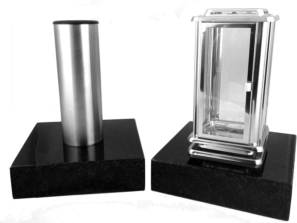 Grave Lamp and Vase - Grafverlichting Set - Herdenken Gedenkplaats - Roestvrij Staal - Hoogte 23 cm - Zilver