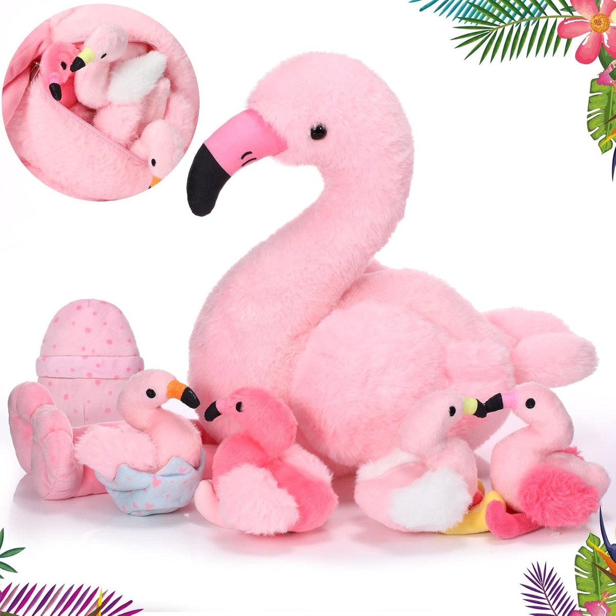 6 Stuks Pluche Flamingo Knuffeldier 50 cm - Mami Flamingo Met 4 Kleintjes en 2 Eieren - Roze Speelgoed voor Kerstmis en Valentijnsdag Gastgeschenken