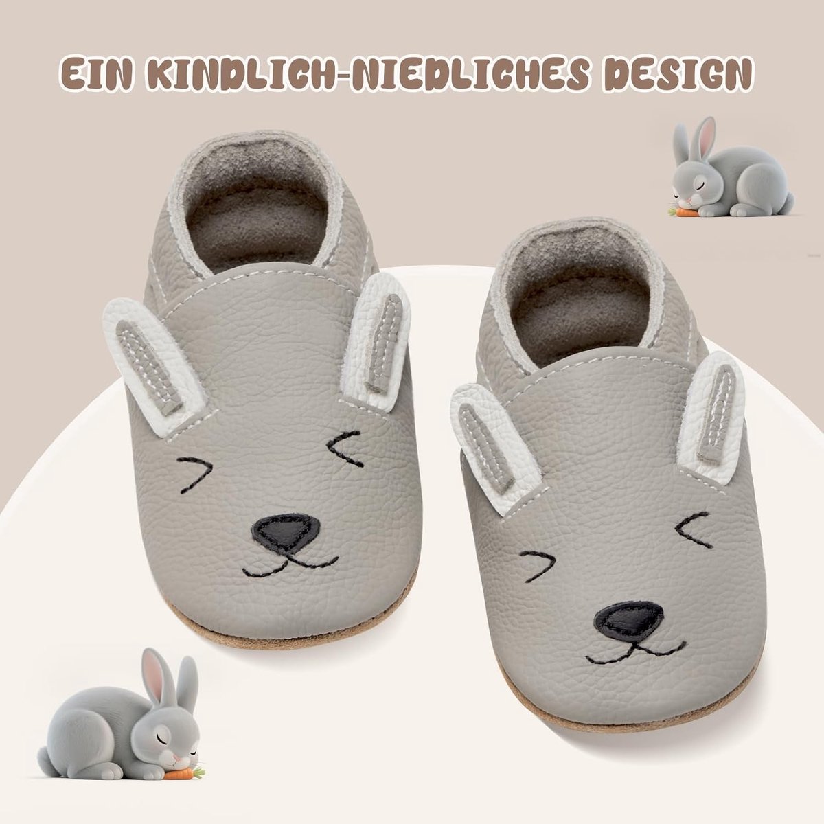 Kruipschoenen Baby Slofjes Eerste Babyschoentjes Jongens Meisjes Zacht Leer Zooltjes Babyslofjes(Grijs Konijn, 12-18 maanden)