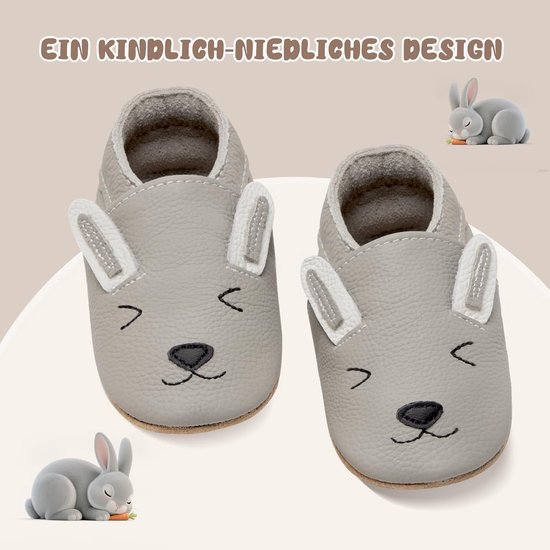 Kruipschoenen Baby Slofjes Eerste Babyschoentjes Jongens Meisjes Zacht Leer Zooltjes Babyslofjes(Grijs Konijn, 12-18 maanden)