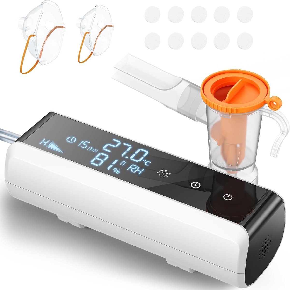 Inadecompressor-inhalator voor kinderen en volwassenen, intelligente vernevelaar met timer, instelbare compressor, inhaleerapparaat met mondstuk en 2 maskers voor hoesten, astma