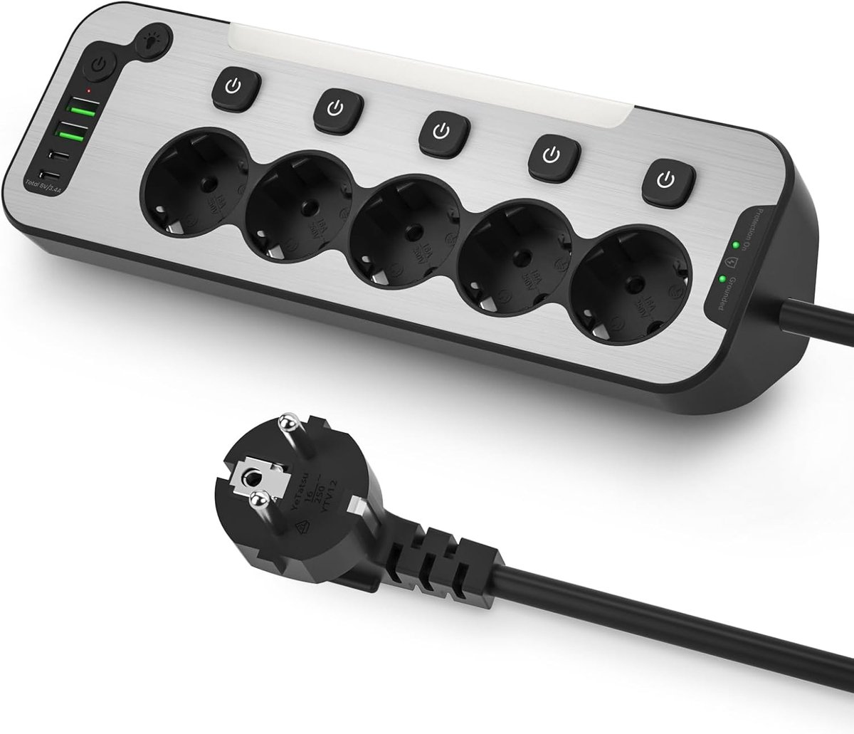Bureau met USB, Stopcontact Splitter 5-voudig met Schakelaar | Metaal Stekkerblok Overspanningsbeveiliging met Nachtlampje, Werktafel Voedingsbord, Hoekstopcontact Keuken, 2M Kabel, Zwart