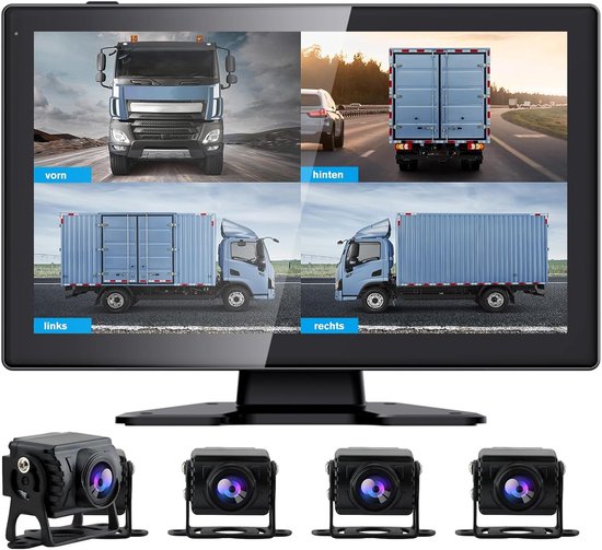 Achteruitrijcamera 4 camera's met 10,1 inch HD gedeeld scherm | Achteruitrijmonitor voor auto, vrachtwagen, bus en camper, achteruitrijassistent, dashcam