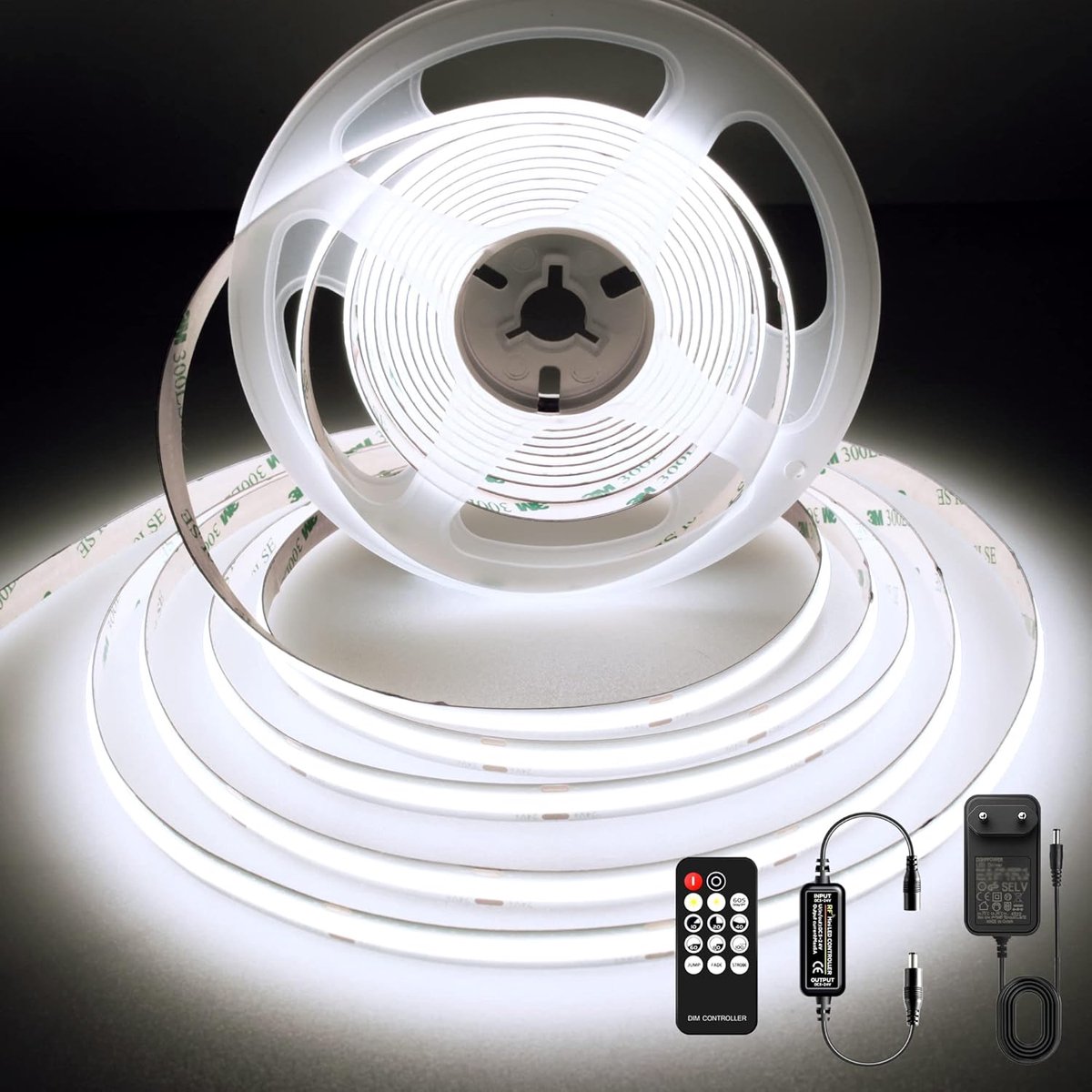 480 LEDs/m COB LED-Strip 5m Koel wit met voeding en afstandsbediening, 24V, CRI 92+, 8mm, 6000K Dimbare LED-Strip voor indirecte verlichting in slaapkamers, Woonkamerkasten, TV