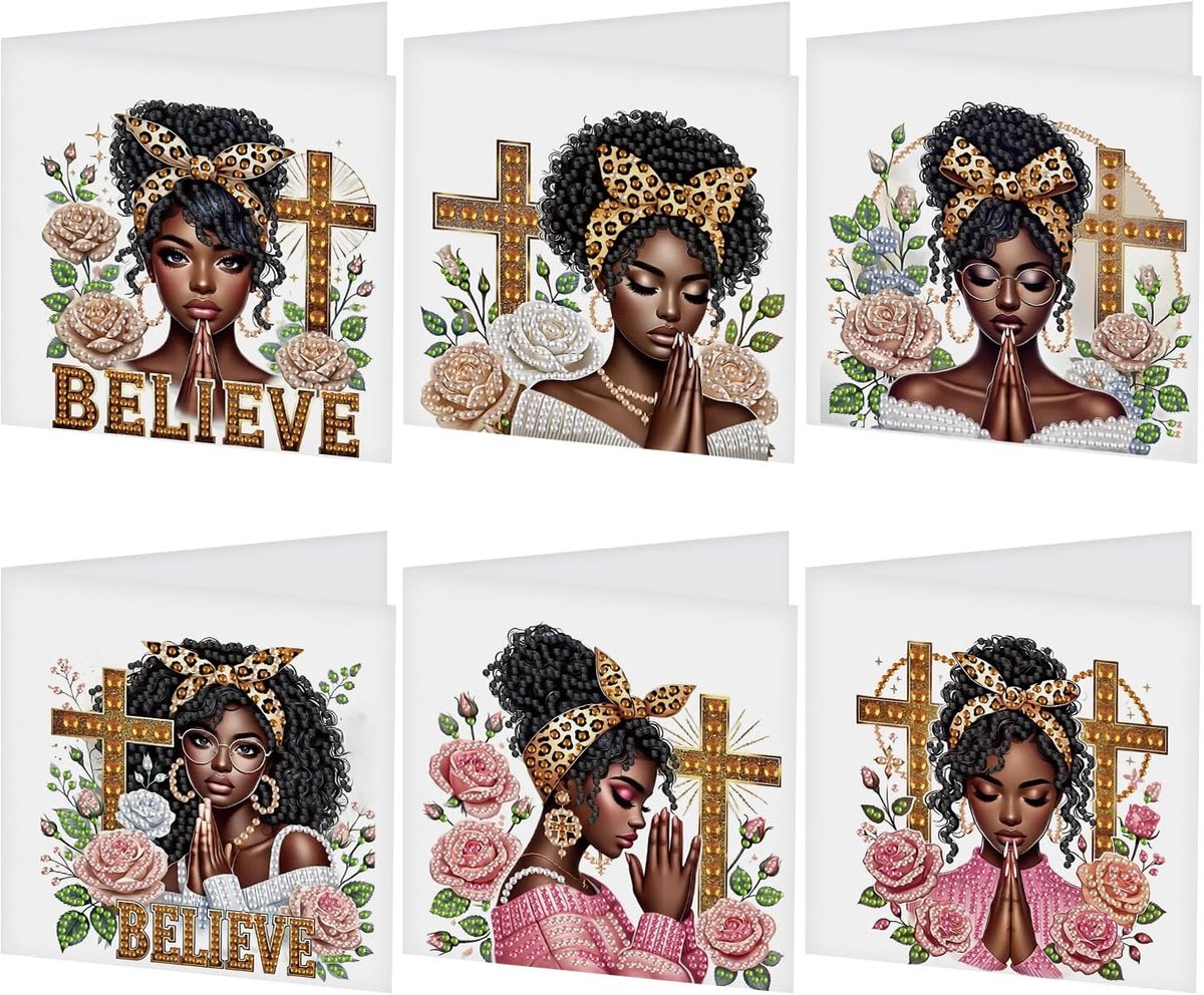 Doe-het-zelf Diamond Painting kaarten, 6 stuks, strass, handwerk, wenskaart, diamant, schilderij, schilderen op nummer, cadeaukaart, verjaardagskaarten, verjaardagskaart (Afrikaanse vrouw)