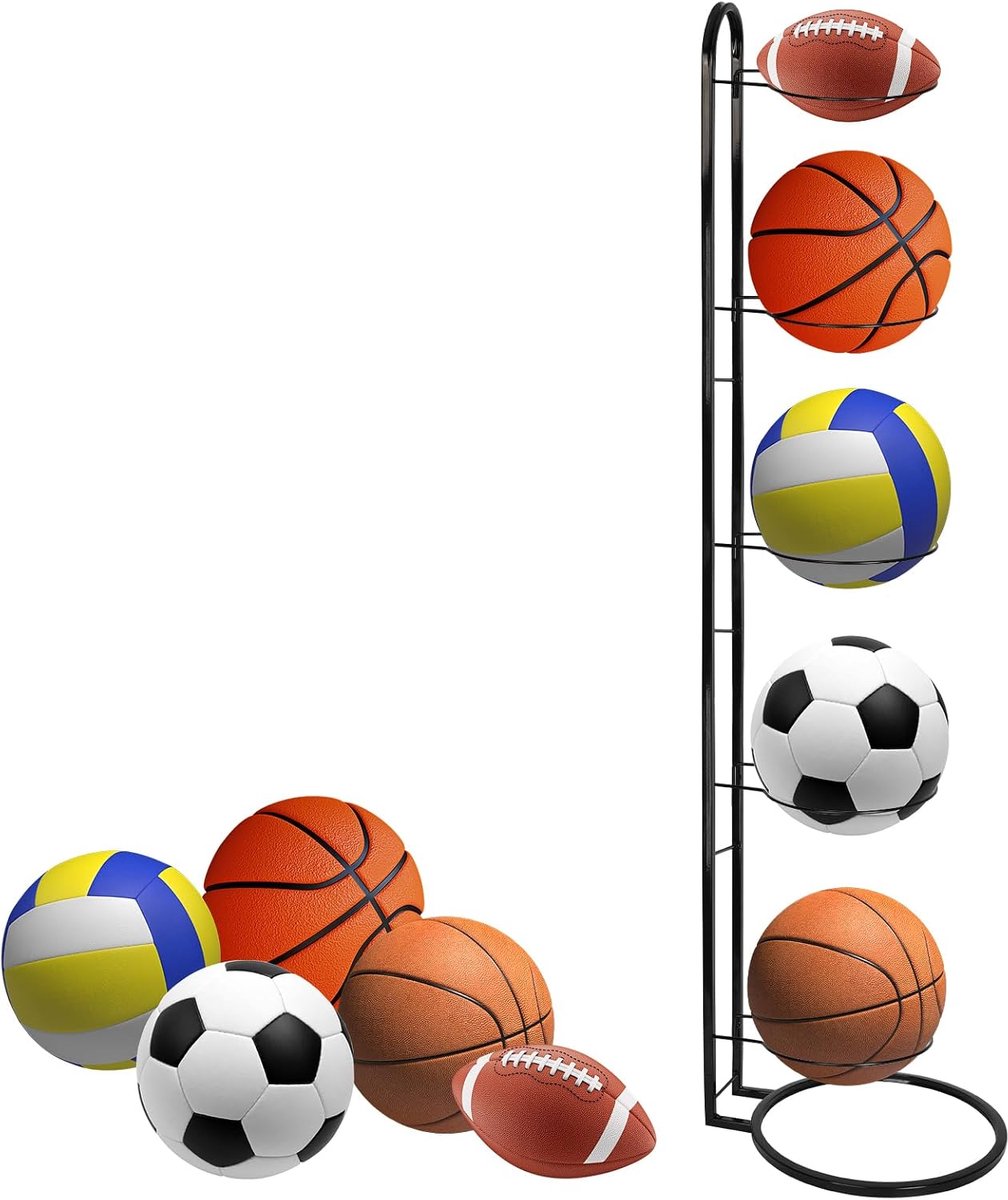 5 niveaus, van metaal, zwart, afneembare ballonhouder voor voetbal/basketbal/volleybal, organisatie van garage en sportuitrusting, opbergvak voor ballen