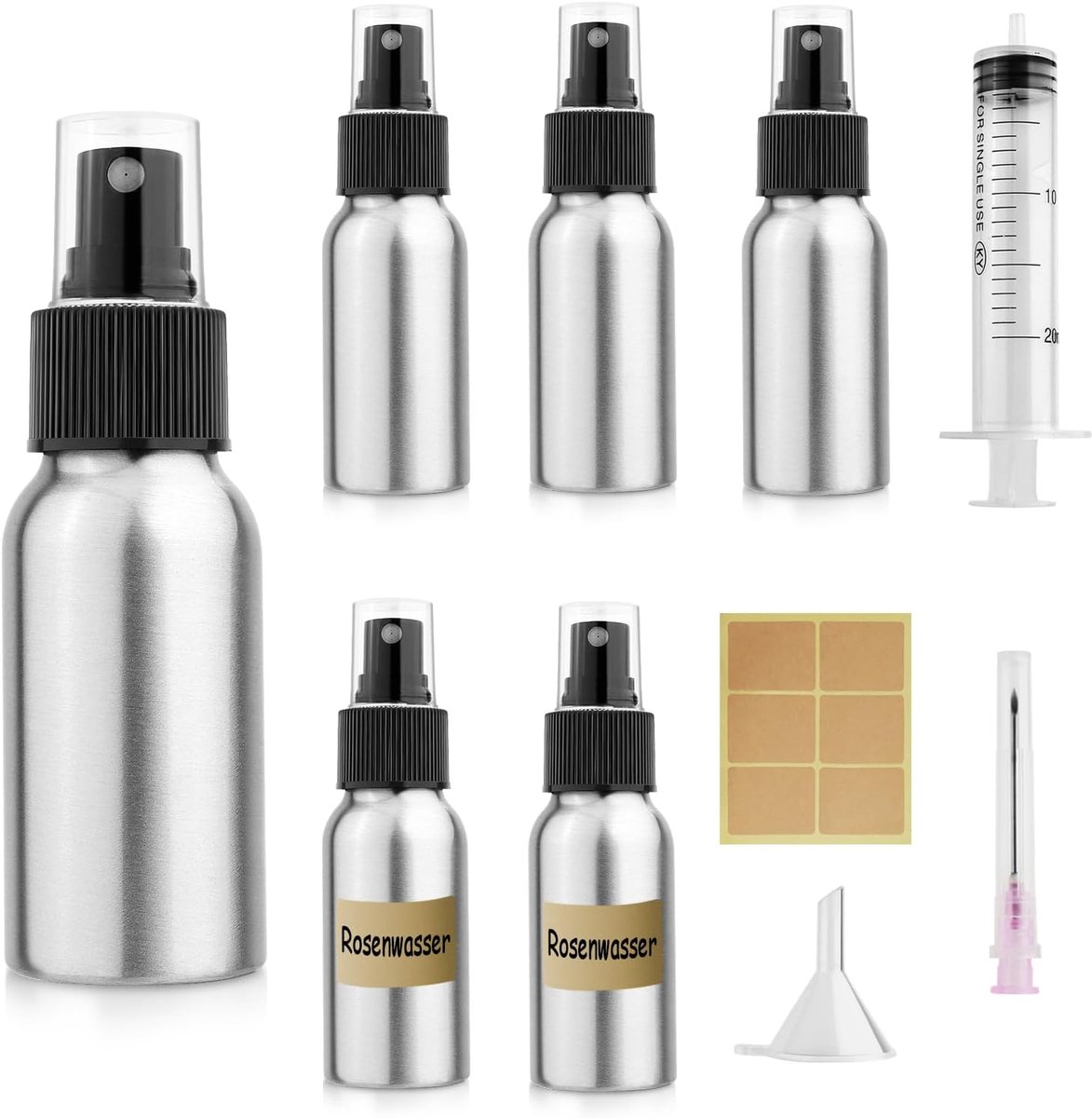 5 Stuks Spuitfles Aluminium, 30ml Fine Mist Verstuiver, Kleine Lege Hervulbare Travel Spray Flessen met 20ml Spuit, Trechter, Sticker voor Essentiële Olie, Haar, Parfums, Reiniging
