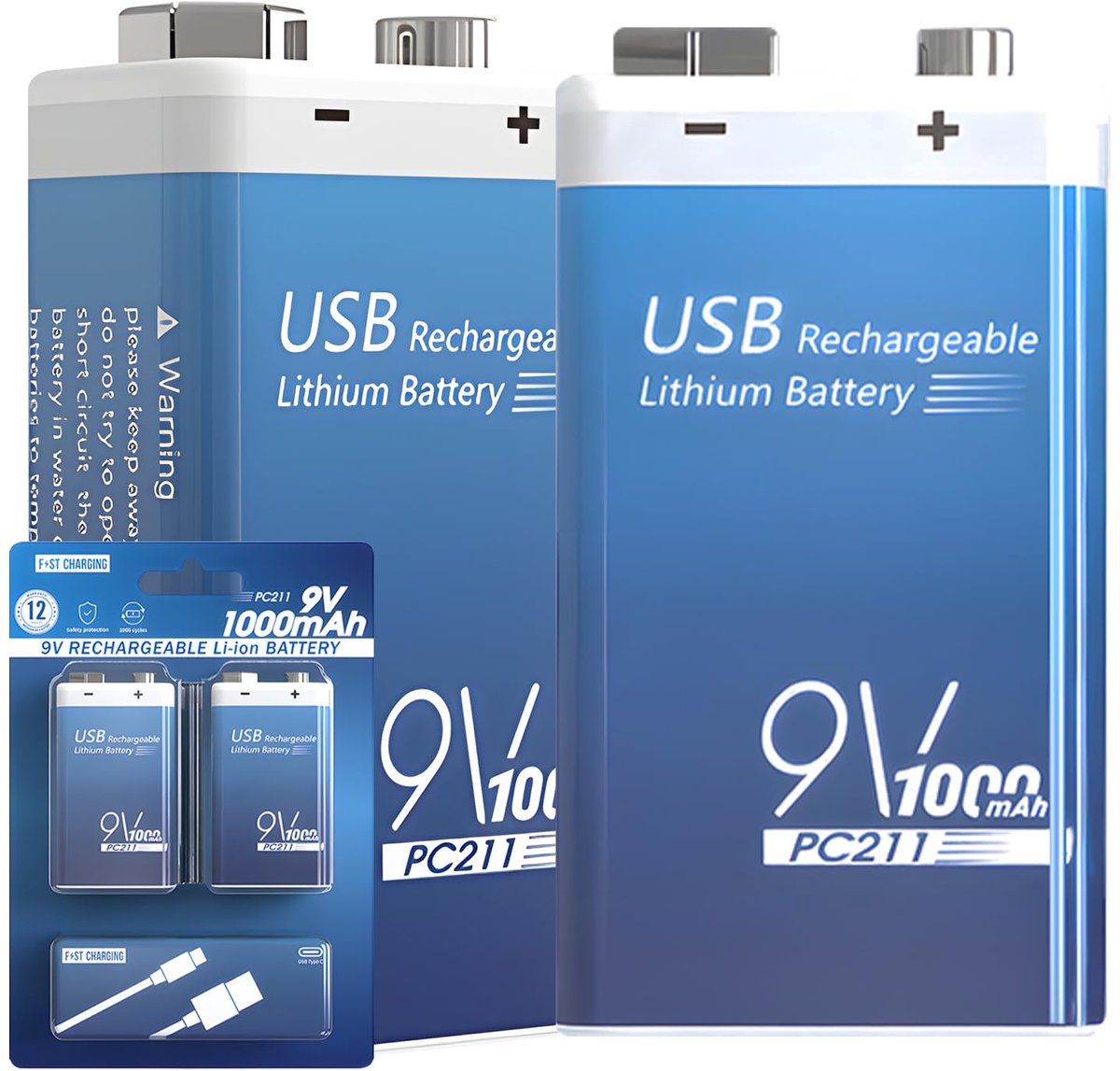 SnelShoppen - Tosiicop 9V Oplaadbare Batterijen 1000mAh - 2 Stuks - Lithium USB-C 6F22, 6LR61 - Ideaal voor Rookmelders, Metaaldetectoren en Meer