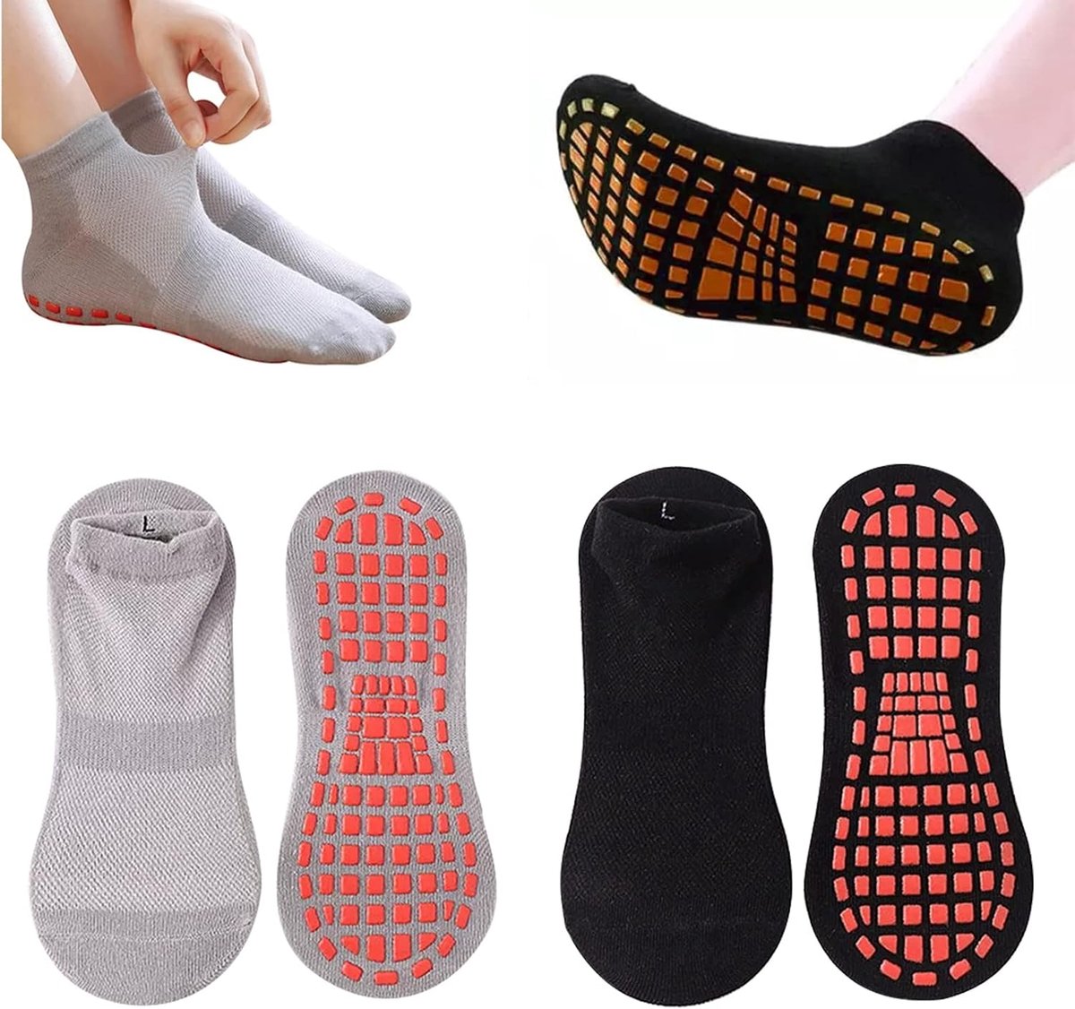 Sokken, 4 stuks yogasokken, antislip sokken voor dames, stoppersokken, yogasokken met handgrepen