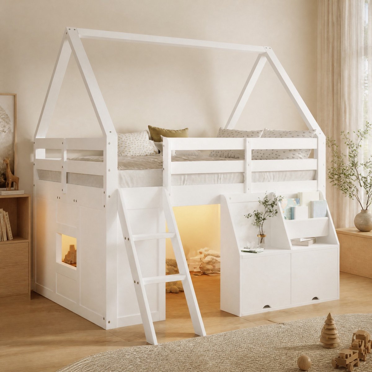 MIVRAY Hoogslaper 140x200 cm - Kinderbed Huisvorm Met Trap En Ledverlichting - Met Opbergruimte - Voor Kinderkamer - Hout - Wit