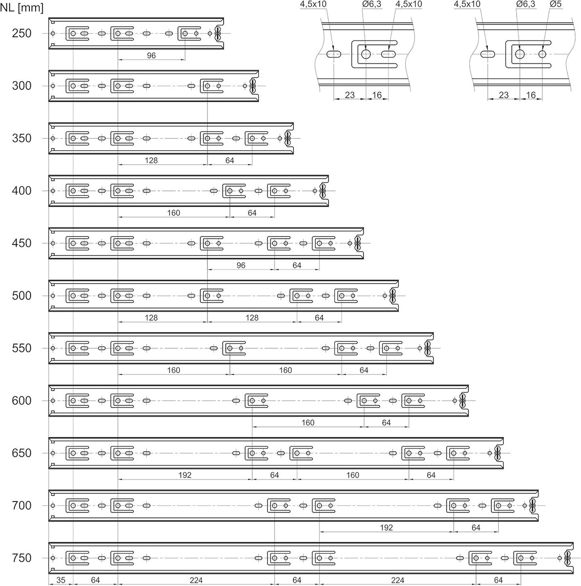 1 Paar (2 stuk) Volledig uitschuifbaar Ladegeleider KV3-45-H45-L350-NF Lengte 350 mm Draagkracht 45 kg Zwart van SOTECH
