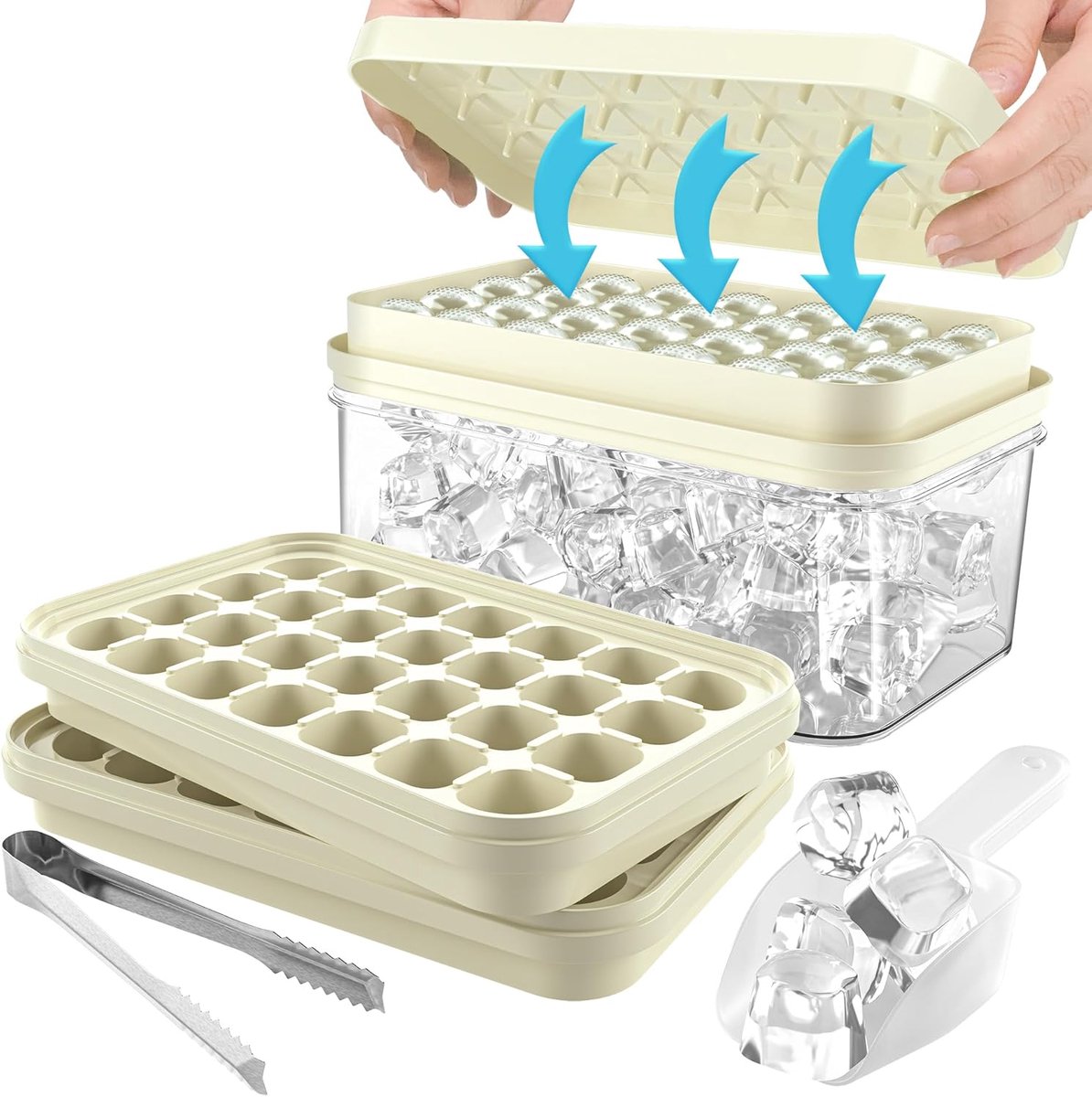 IJsblokjeshouder met deksel en houder, voedselveilige ijsblokjesvorm, dubbellaags stapelbaar, 56 stuks, vierkant, met ijsschep voor babypap, dranken, fruit, whisky (melkwit)