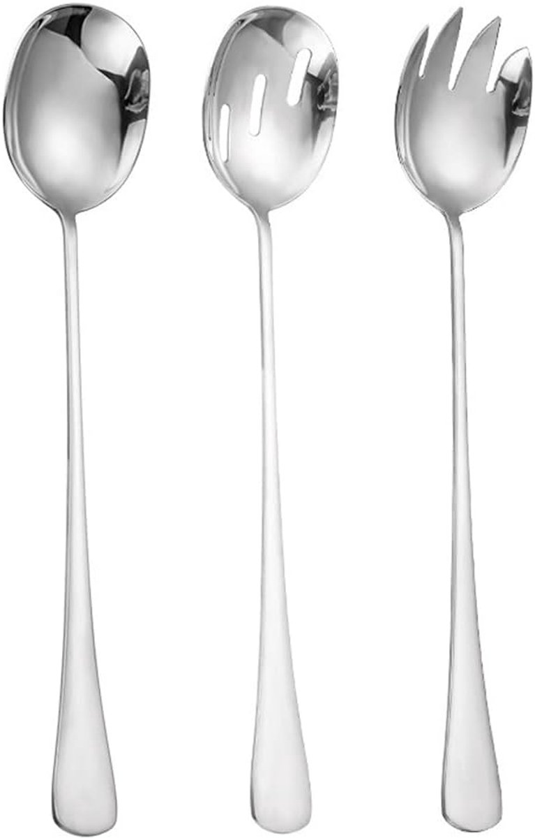 Salade Servers Salade Serveersets Roestvrij Staal 11" Buffet Salade Lepel en Salade Vork Vaatwasmachinebestendig Groot Metalen Serveergerei Zilver, Set van 3