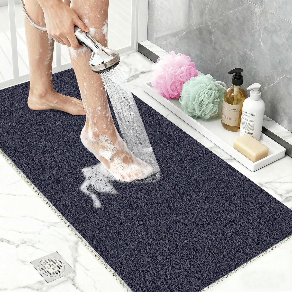 Loofah Douchemat Antislip en Antischimmel, 40x80cm Sneldrogende PVC Badmat voor Binnendouche en Natte Ruimtes, Veilige en Hygienische Badkamermat Blauw