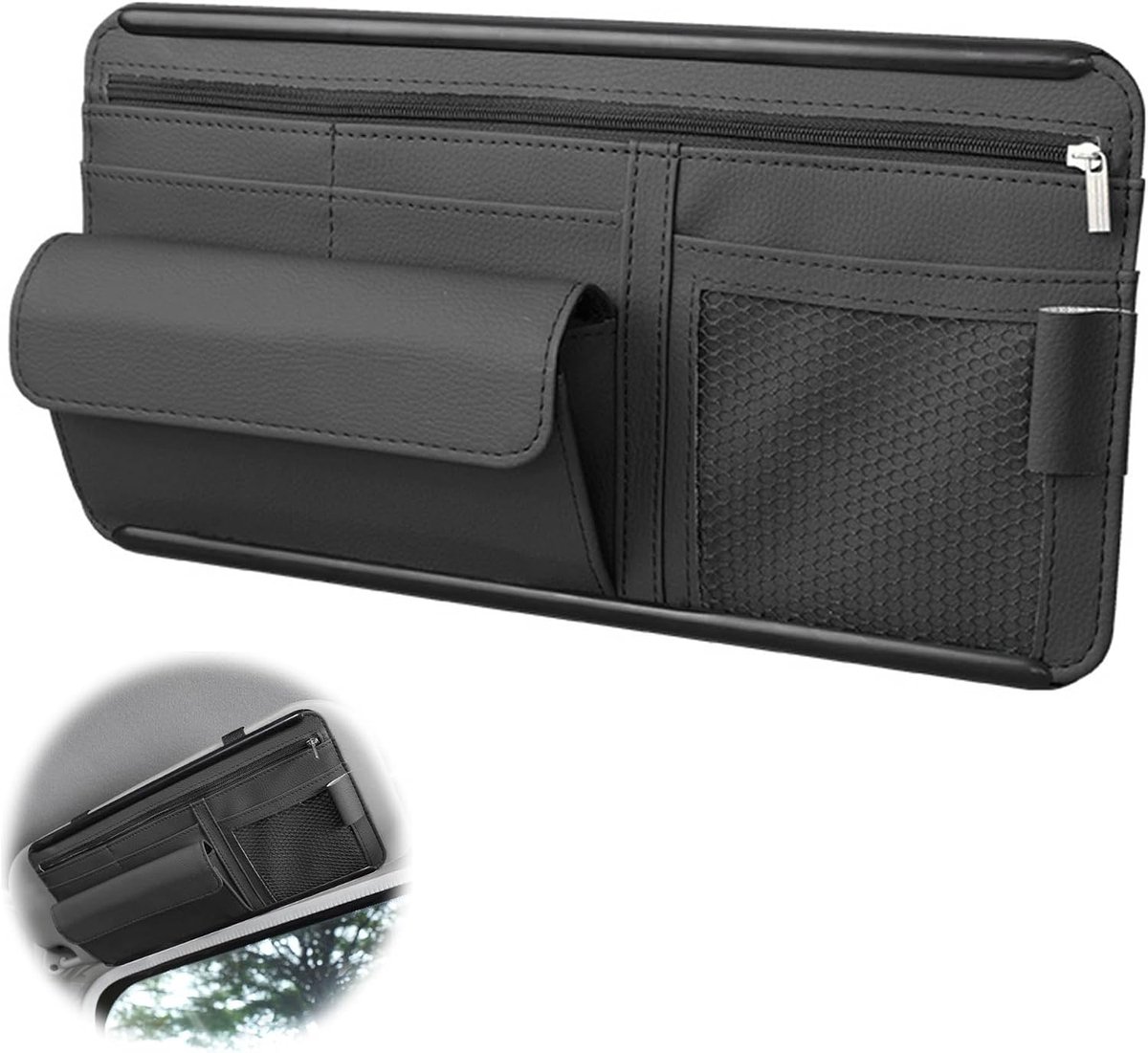 Sun Visor Organizer Gids, zonnevizier-organizer voor de auto, brilhouder van leer, multifunctionele opbergtas voor auto, voor het interieur van de auto (zwart)
