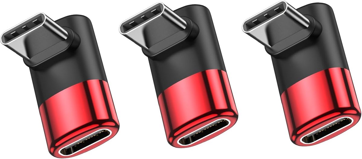 USB-C 90° haaks mannelijk naar vrouwelijk 40Gbps 100W snelladen rood | USB4 40Gbps 8K 60Hz, rood, zinklegering, 3 st. Voor MacBook, iPad, Switch, PC, auto en gaming. 100W PD-snelladen