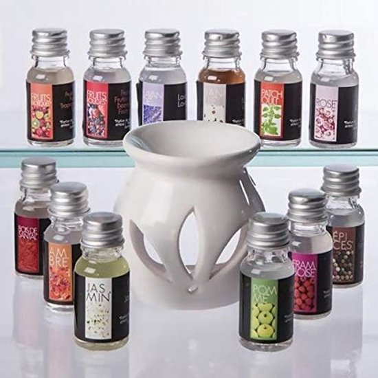 Oliebrander SET - Aromabrander voor Geurolie - INCL 12x 10ML Oliën - Jasmijn Vanille Roos Lavendel - Olieverdamper SET — afbeelding 2
