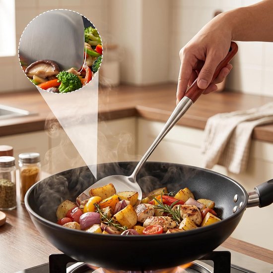Set van 4 wok-gebruiksvoorwerpen, roestvrij staal, 43 cm lang, hittebestendig houten handvat, wok-spatel, sleufspatel, lepel, keukenschuimer, vaatwasmachinebestendig, professioneel keukengereedschap — afbeelding 4