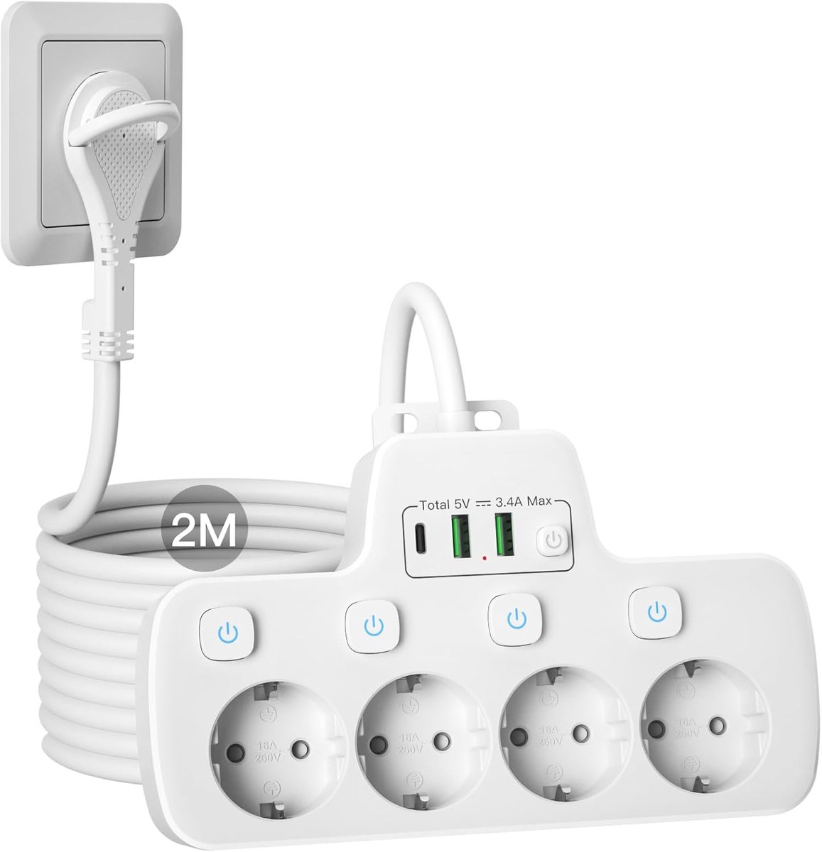 Platte Stekker 4-Voudig, Stopcontact Splitter met Schakelaar | Stekkerdoos met USB C Stekkerblok Meervoudige Stekker Power Strip Extra Platte Stekker Voedingsbord 2 m Kabel, Wit