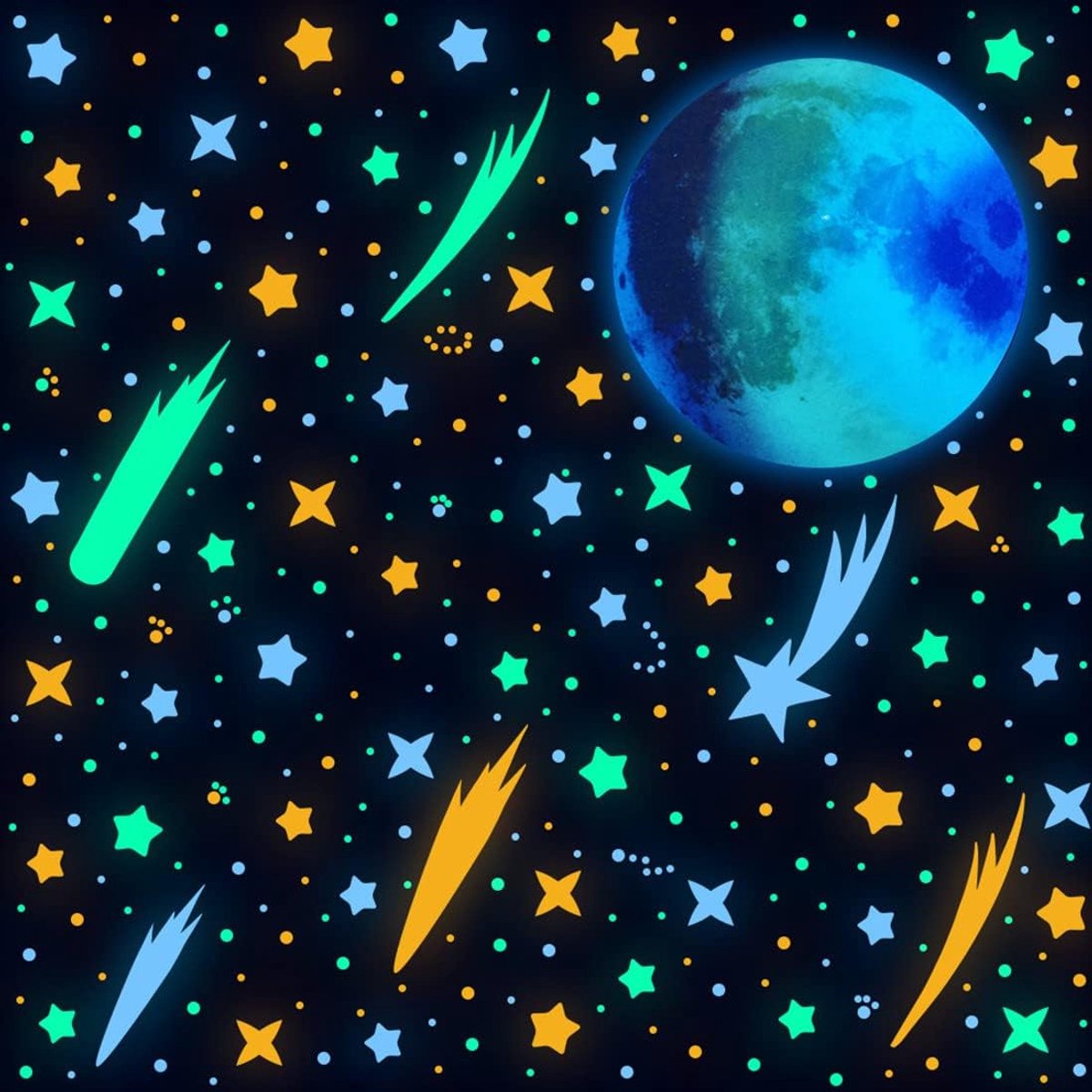 589 delen lichten op in het donker, wandtattoo, oplichten van de maan en sterren, punten, wandafbeeldingen aan het plafond, kleurrijke lichtgevende stickers voor kinderen, slaapkamer, kleuterschool, decoratie