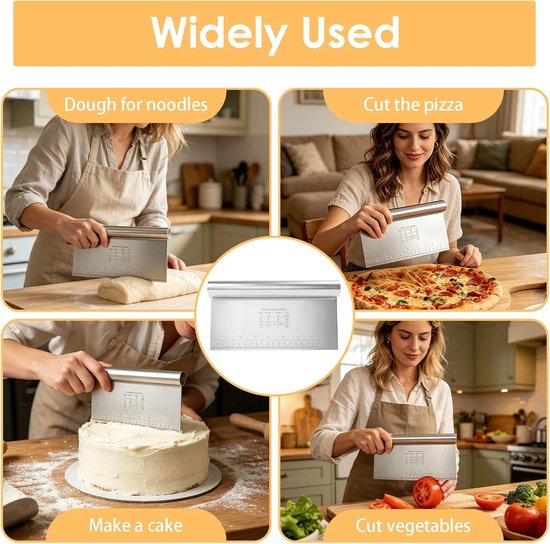 2 x deegsnijders van roestvrij staal, groot, met maatbeker, multifunctionele spatel, flexibele keukenspatel voor deeg, cake, pizza, bakken, snijden en nivelleren, 22 x 12 cm — afbeelding 3