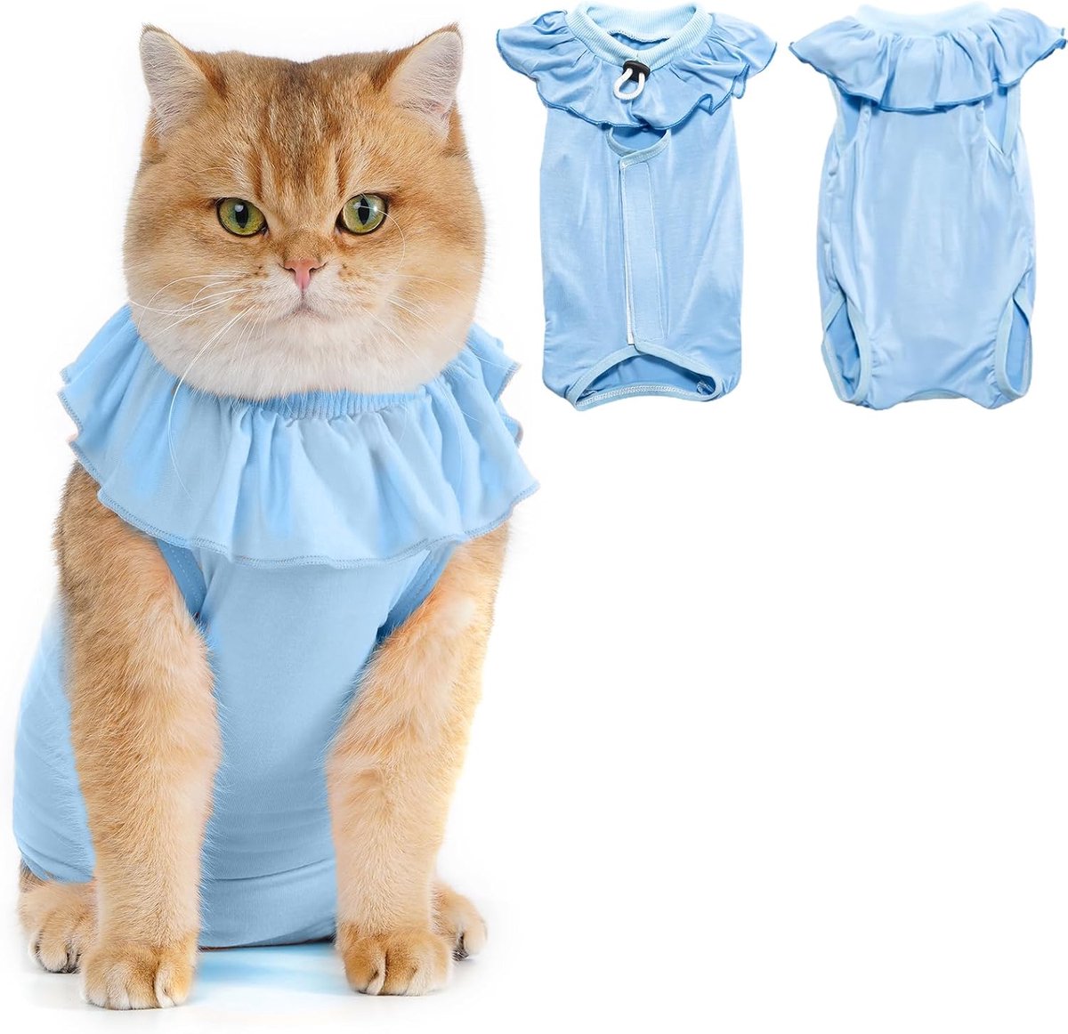 Kattenherstel - Kitten Onesie voor katten na een operatie, kegel van schaamte, alternatief chirurgisch plinpak met ruches voor vrouwelijke kat, postoperatie of huidziekten bescherming - blauw